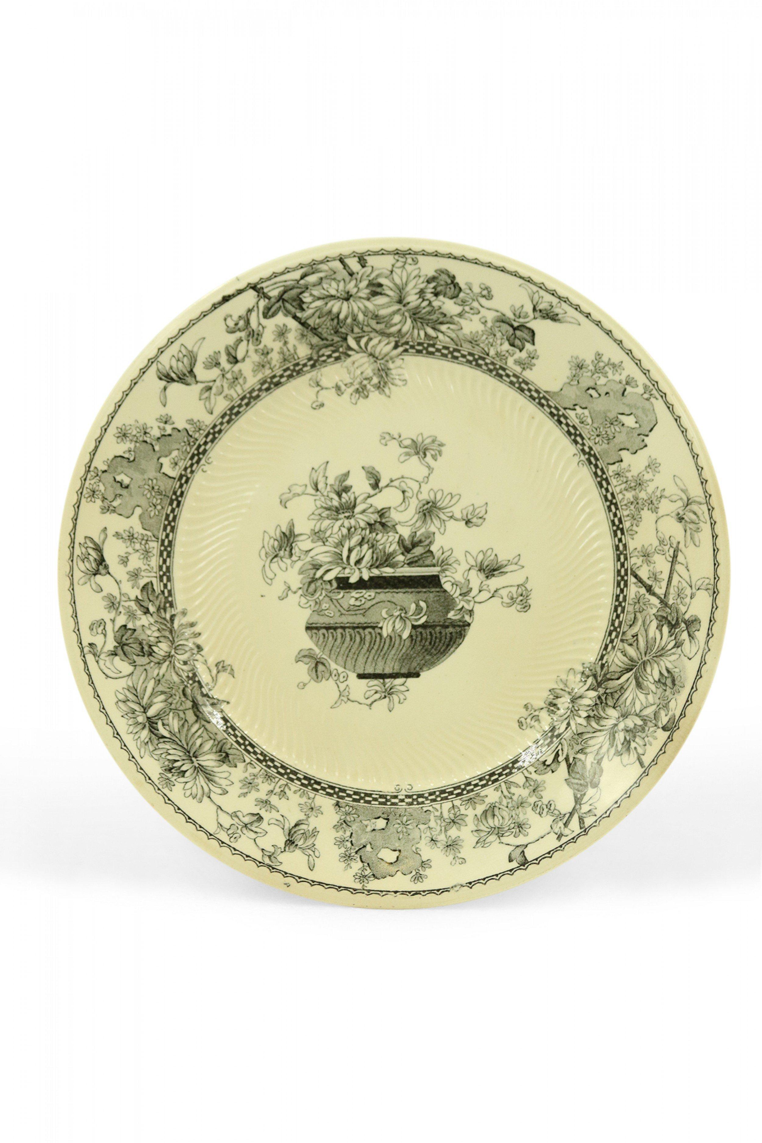 Ceramic Set of 7 English Victorian Black and Cream Floral Transferware Plates For Sale