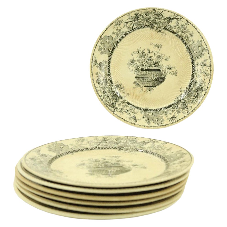 Set of 7 English Victorian Black and Cream Floral Transferware Plates For Sale