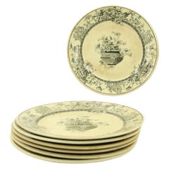Set of 7 English Victorian Black and Cream Floral Transferware Plates