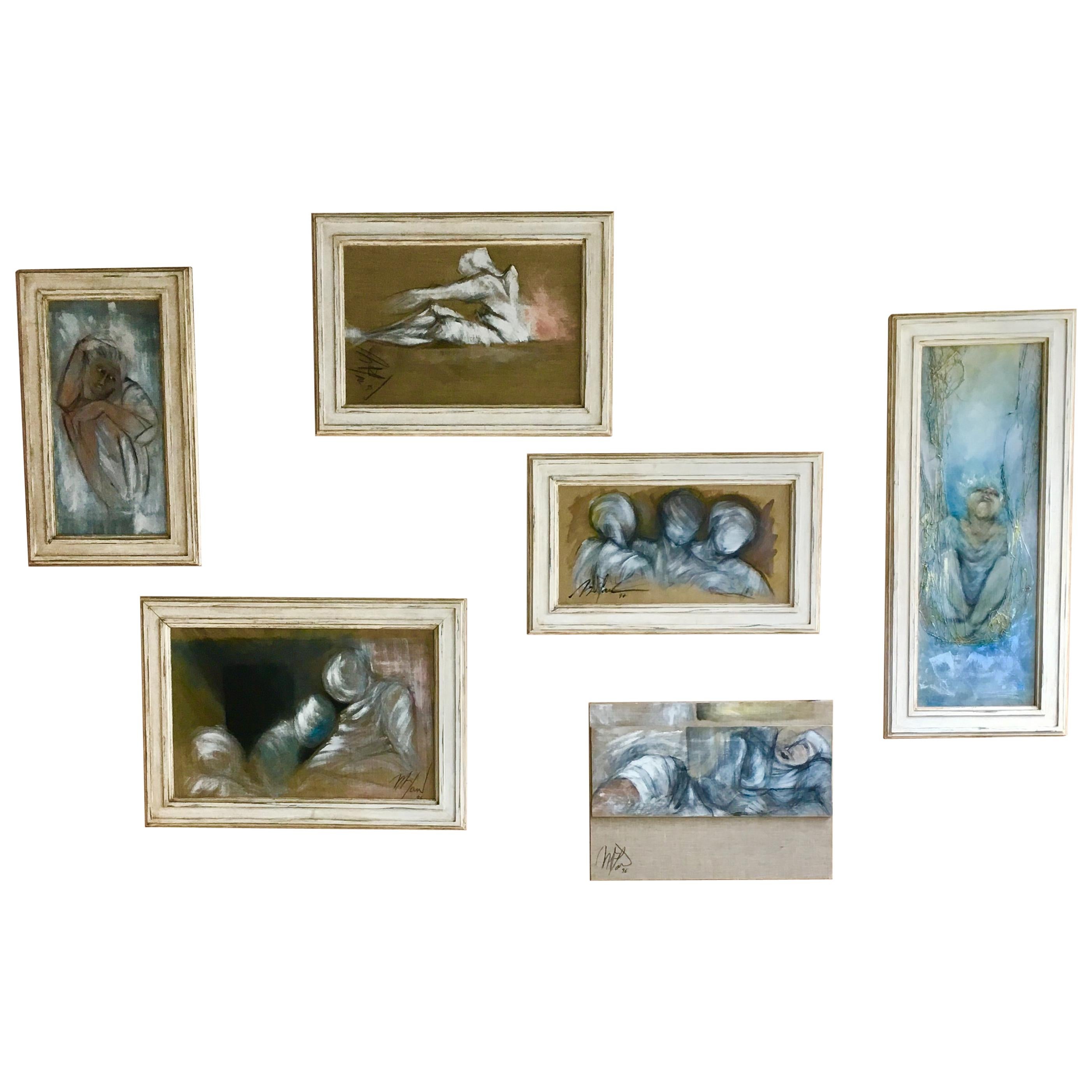 Set of 7 Framed Oil Canvas Paintings by Micky Pfau, 1990s For Sale