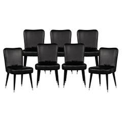 Set of 7 French Art Deco Dining Chairs in Black Leather