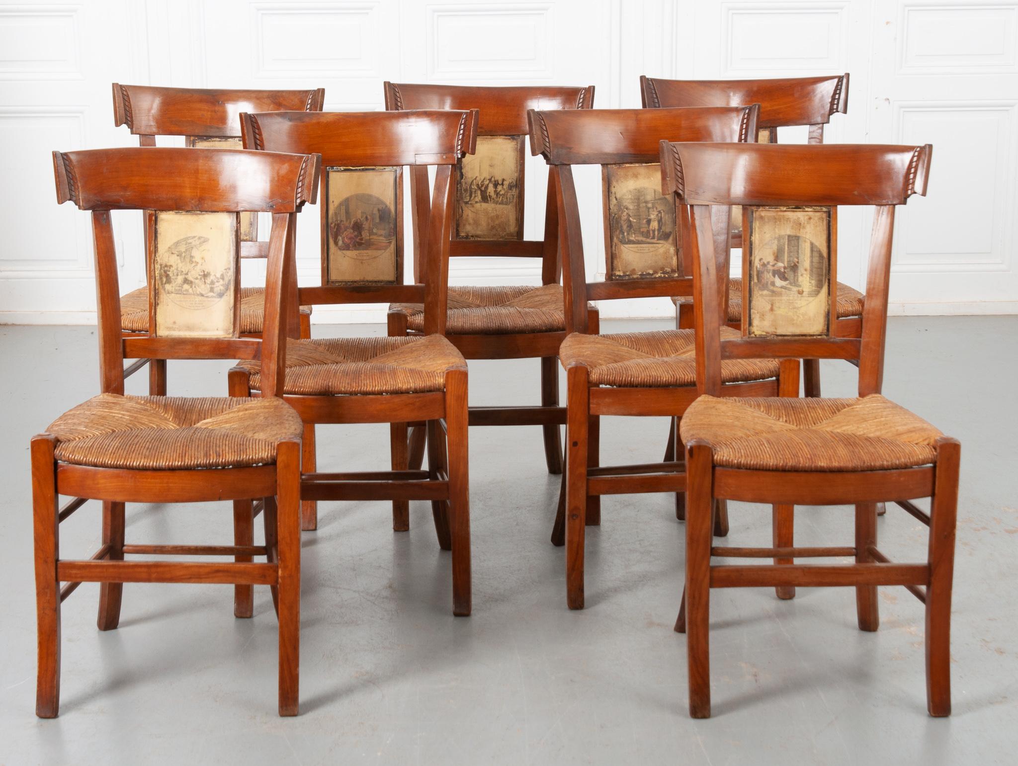 Set of 7 Fruitwood Rush Seat Chairs 11
