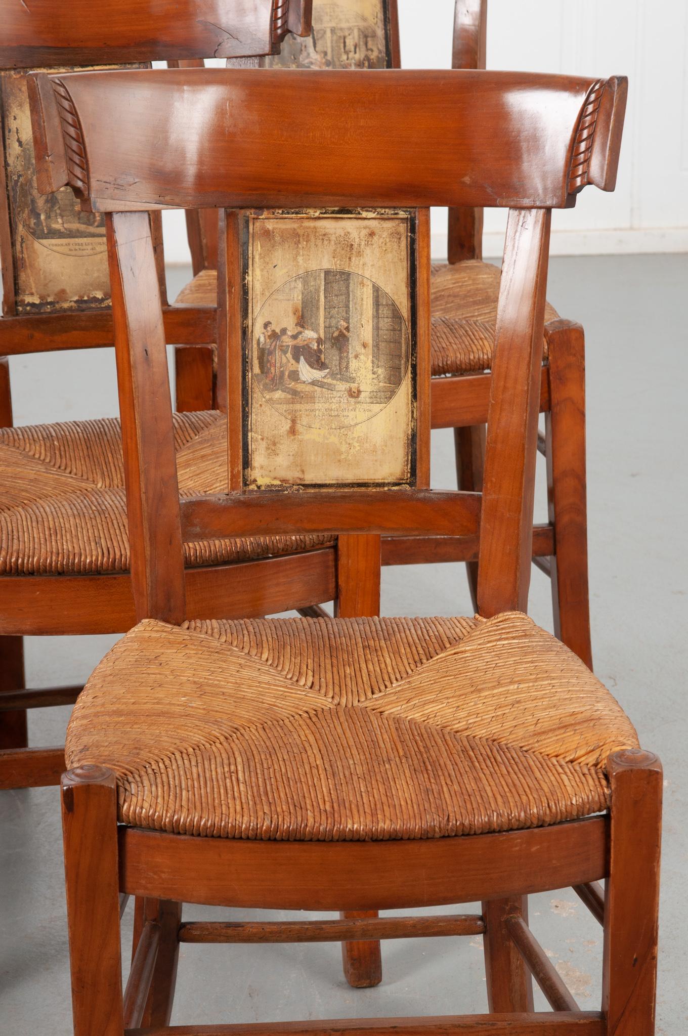 This set of chairs is dripping with unique detail! The fruitwood frames have been cleaned and polished to reveal the vibrant tones and grain. Each seat back is carved at the top and decoupaged with a different scene of Greco-Roman events,