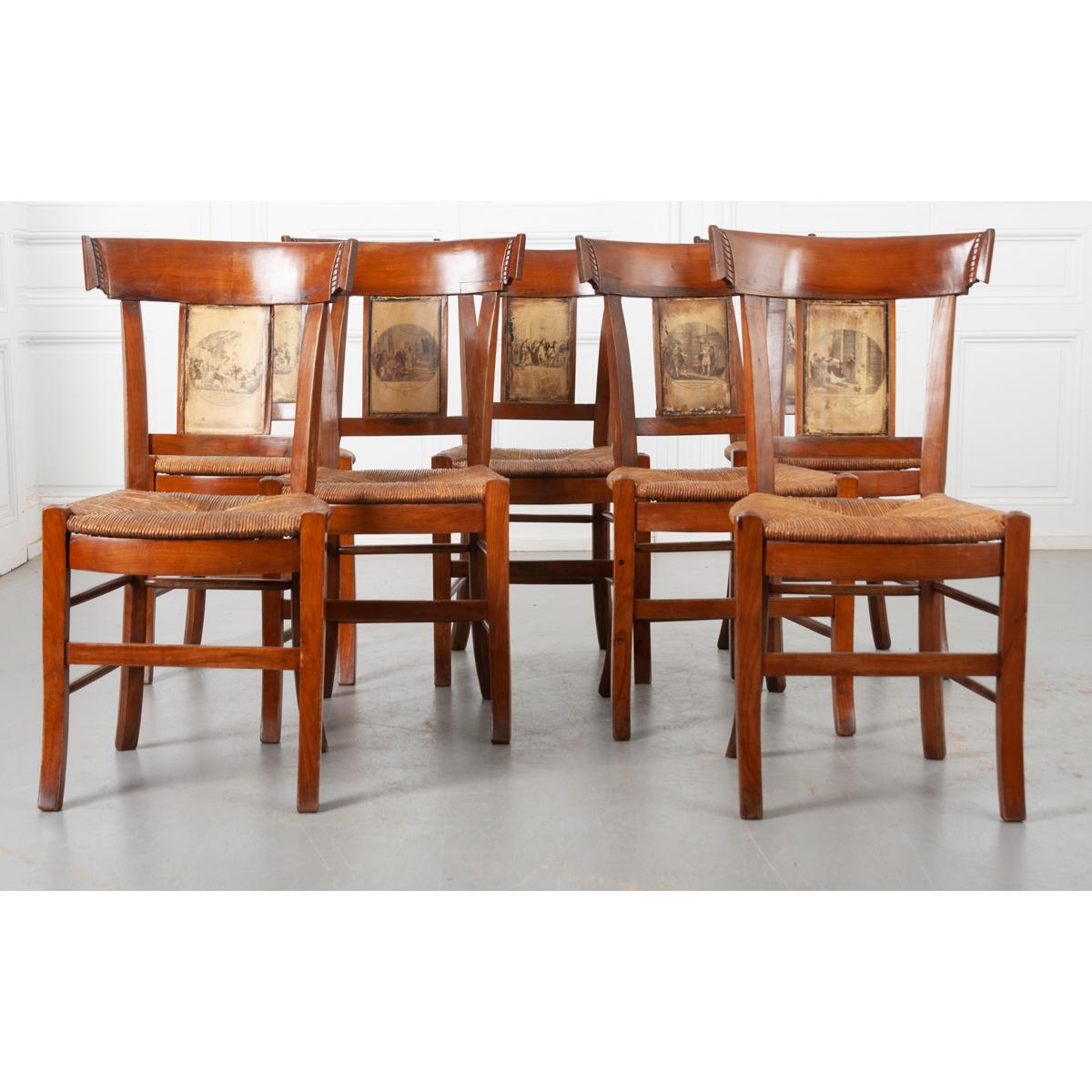 French Set of 7 Fruitwood Rush Seat Chairs