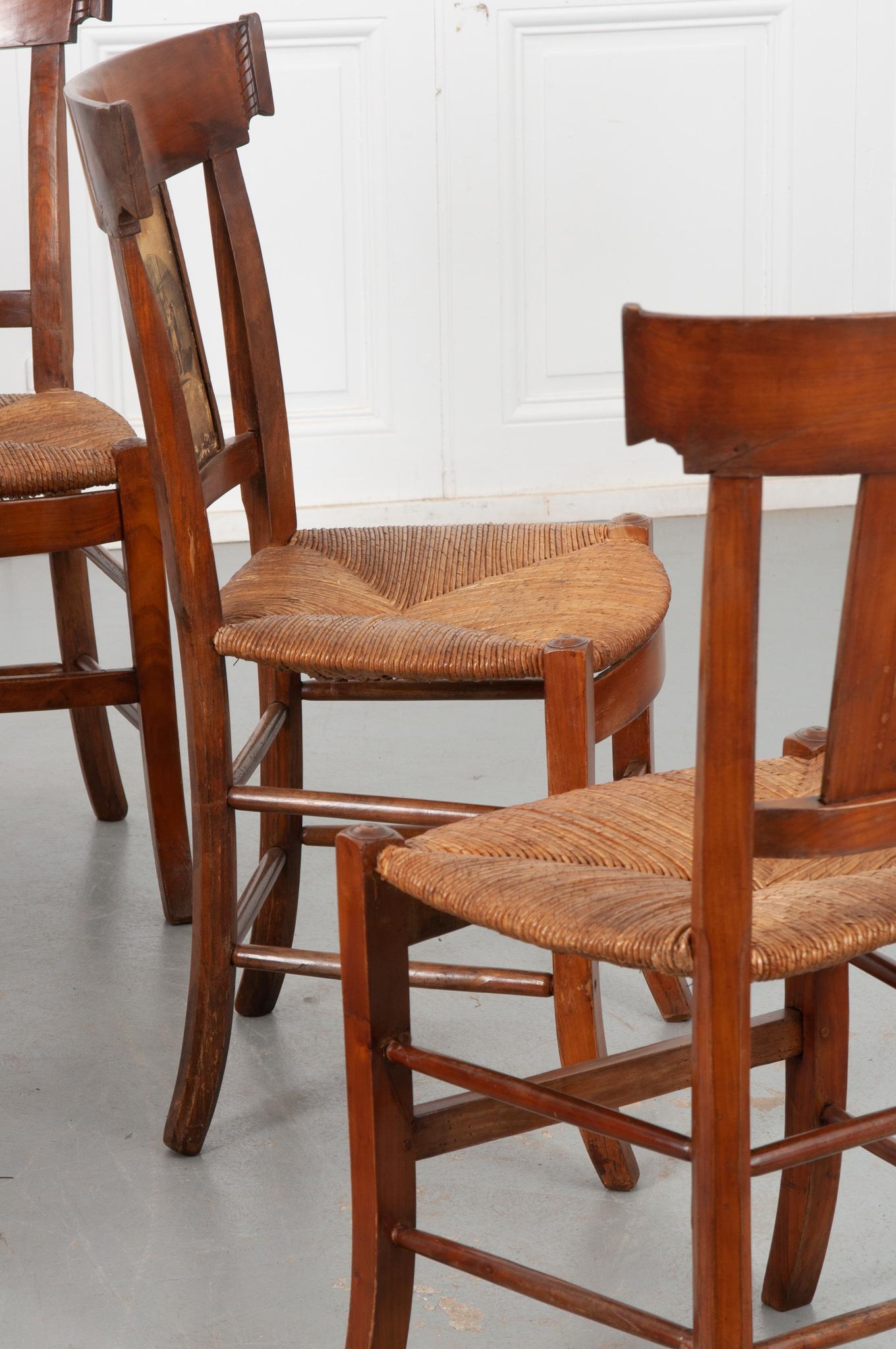 Carved Set of 7 Fruitwood Rush Seat Chairs