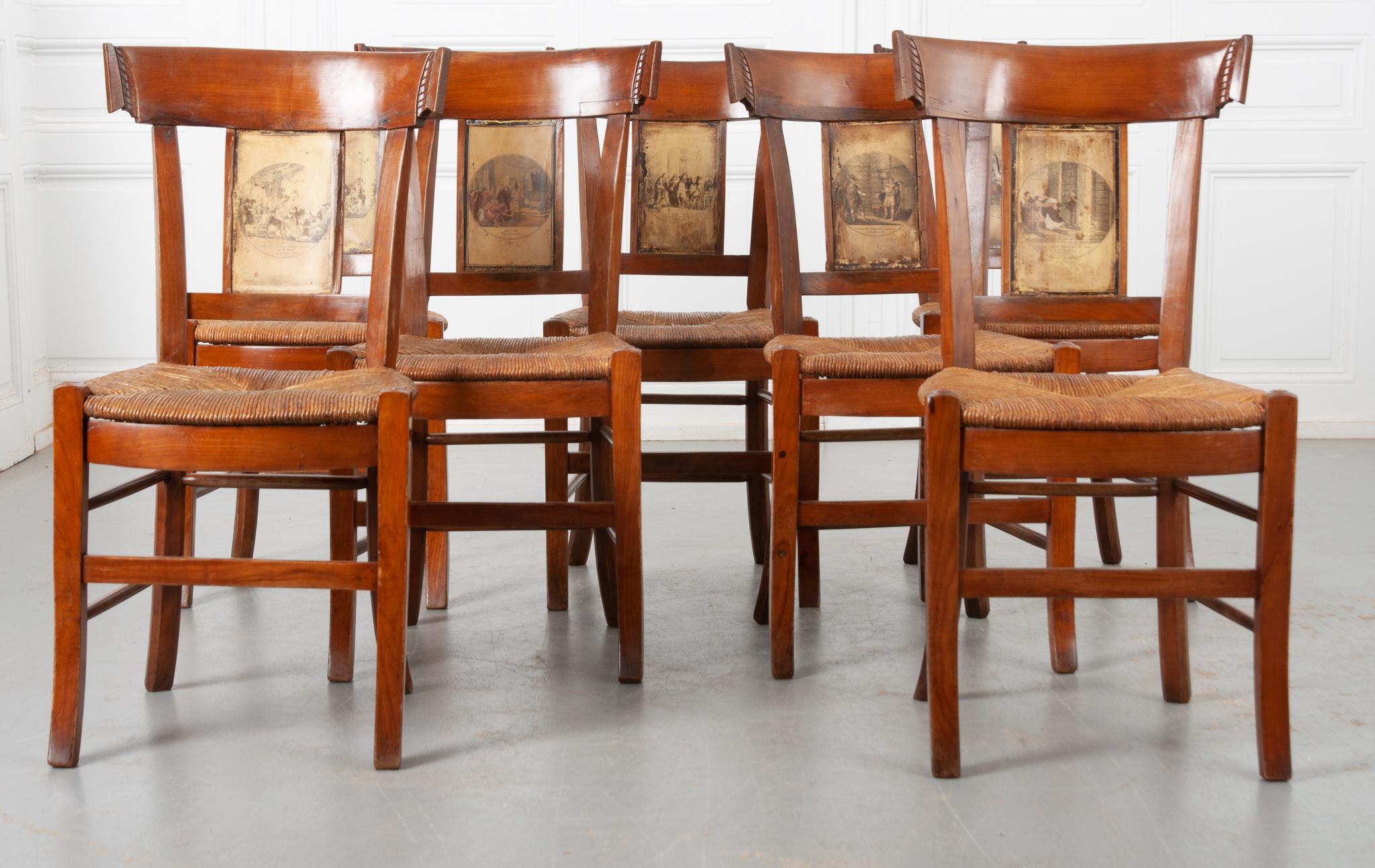 Set of 7 Fruitwood Rush Seat Chairs In Good Condition In Baton Rouge, LA