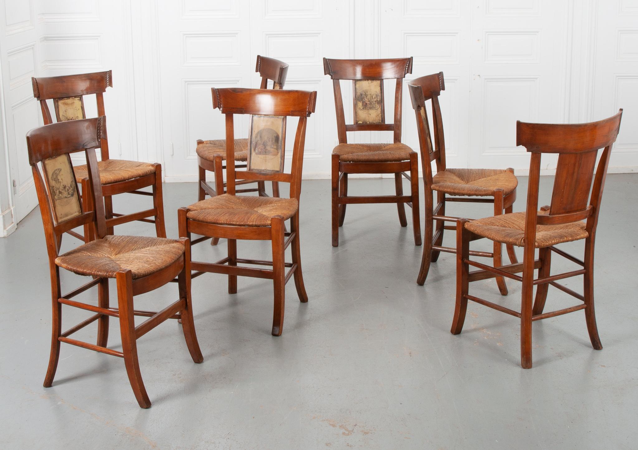 19th Century Set of 7 Fruitwood Rush Seat Chairs