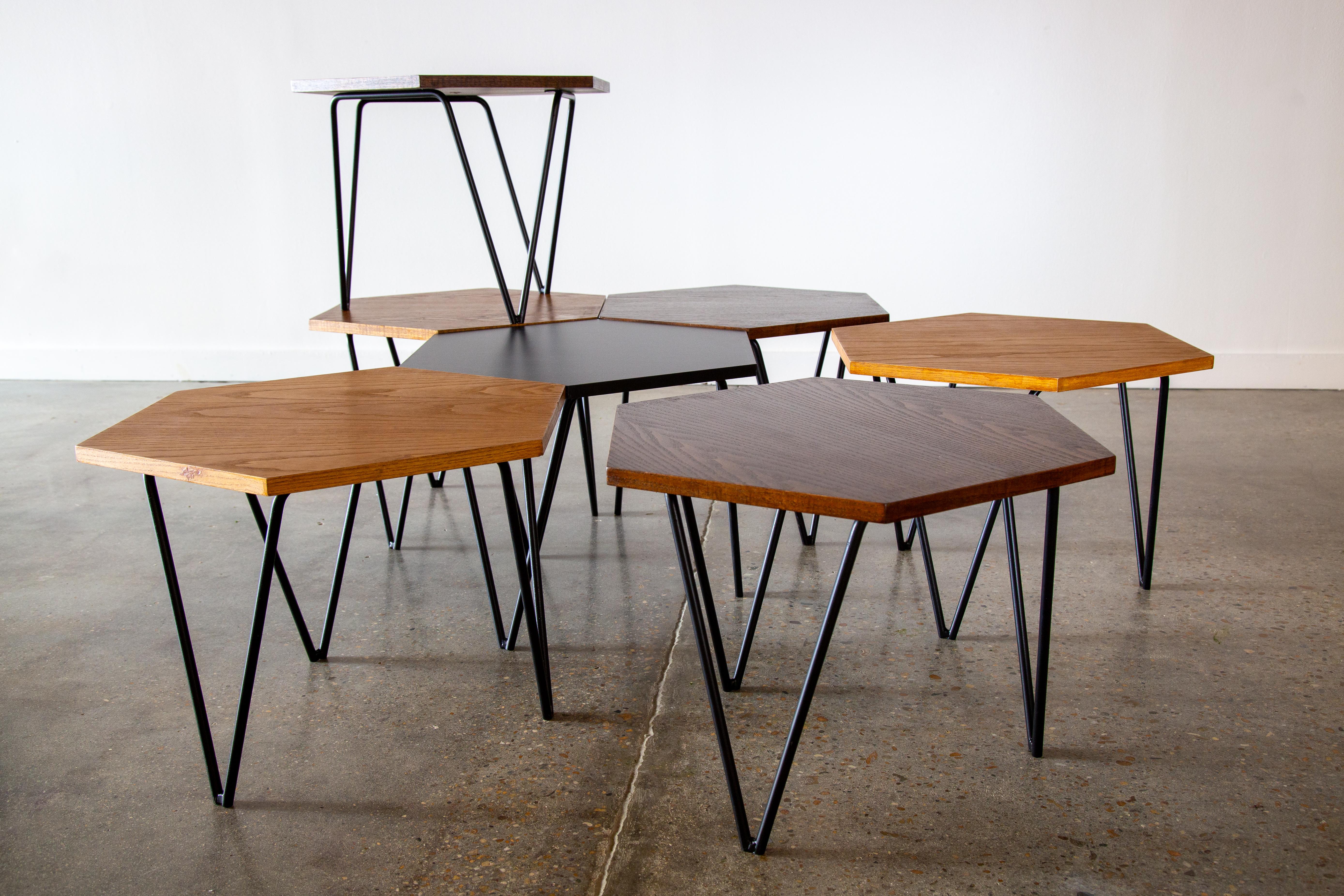 Italian Set of 7  Gio Ponti for ISA Hexagonal tricolor tables, 1950s Laminate Oak Steel For Sale
