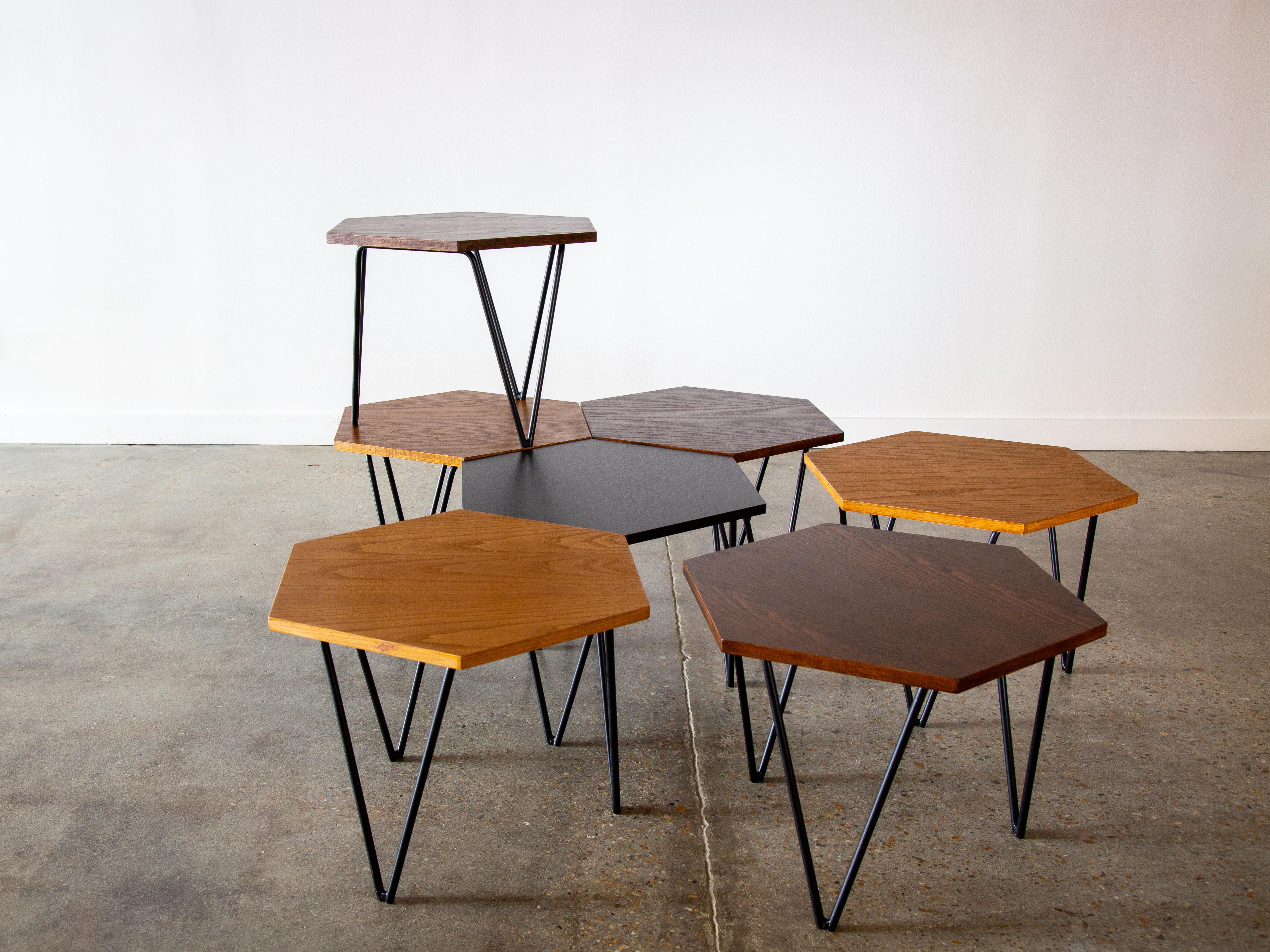 Mid-20th Century Set of 7  Gio Ponti for ISA Hexagonal tricolor tables, 1950s Laminate Oak Steel For Sale