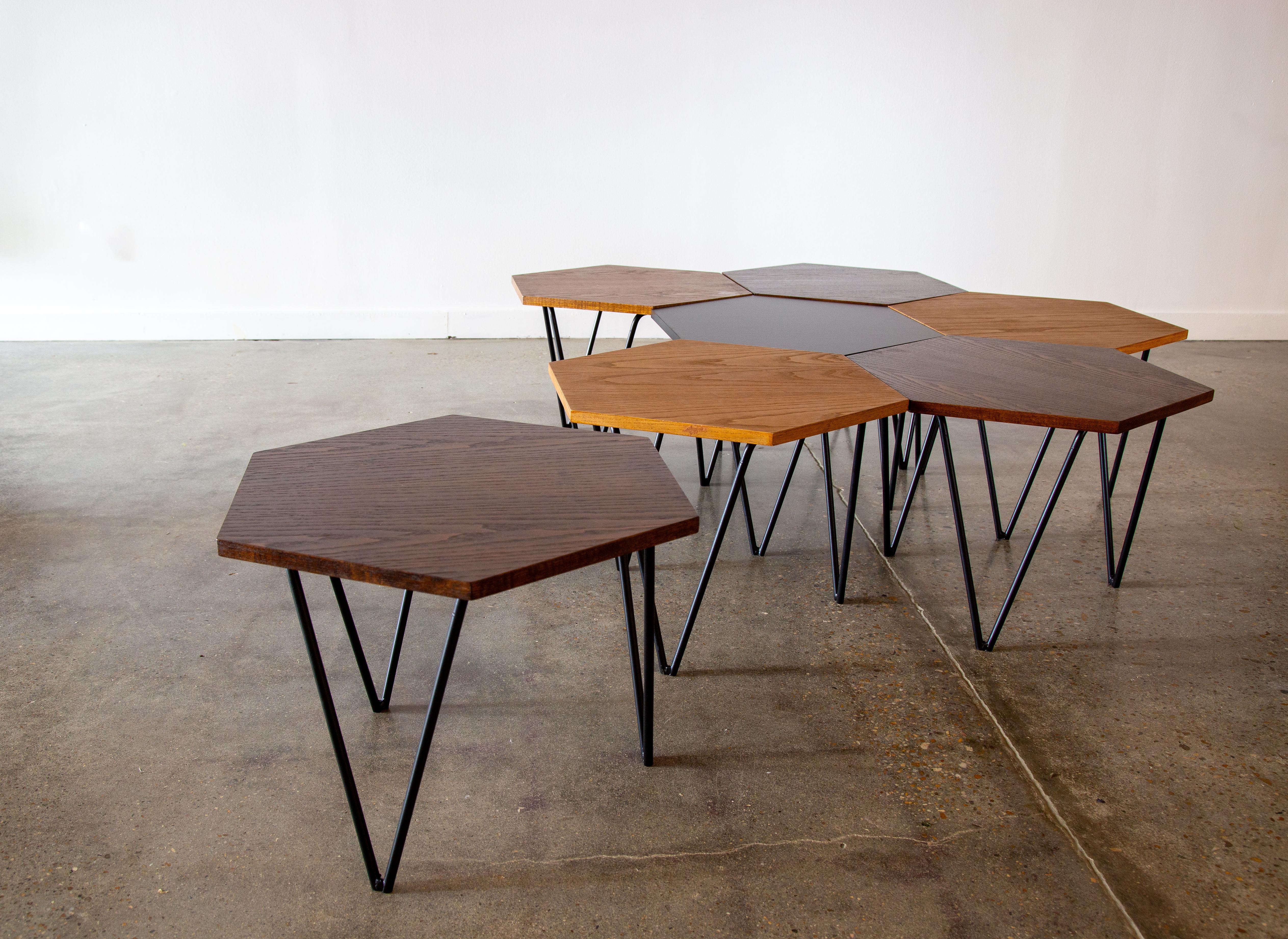 Set of 7  Gio Ponti for ISA Hexagonal tricolor tables, 1950s Laminate Oak Steel 1