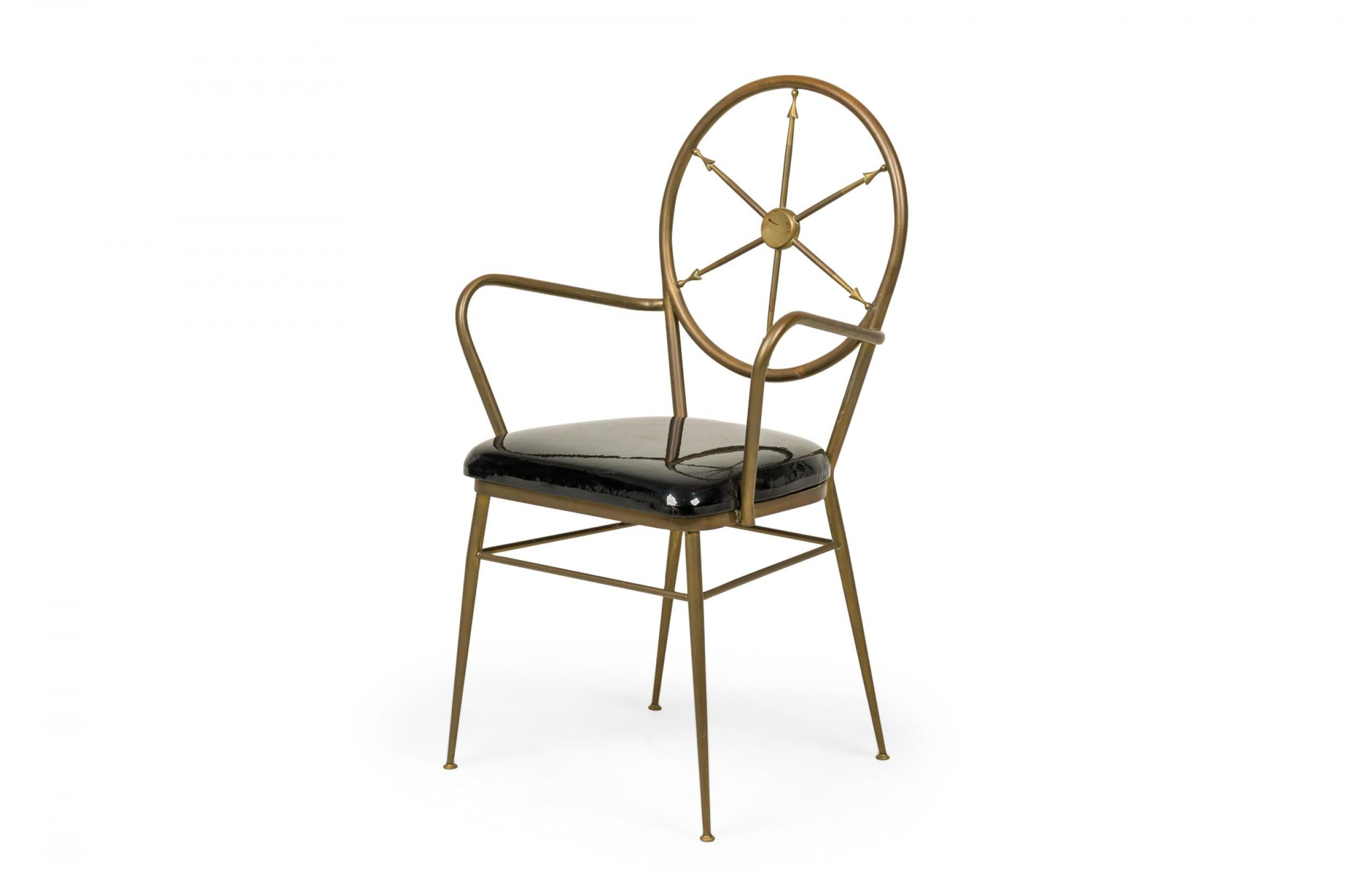 Mid-Century Modern Set of 7  Italian Nautical Brass and Black Patent Leather Chair Set For Sale
