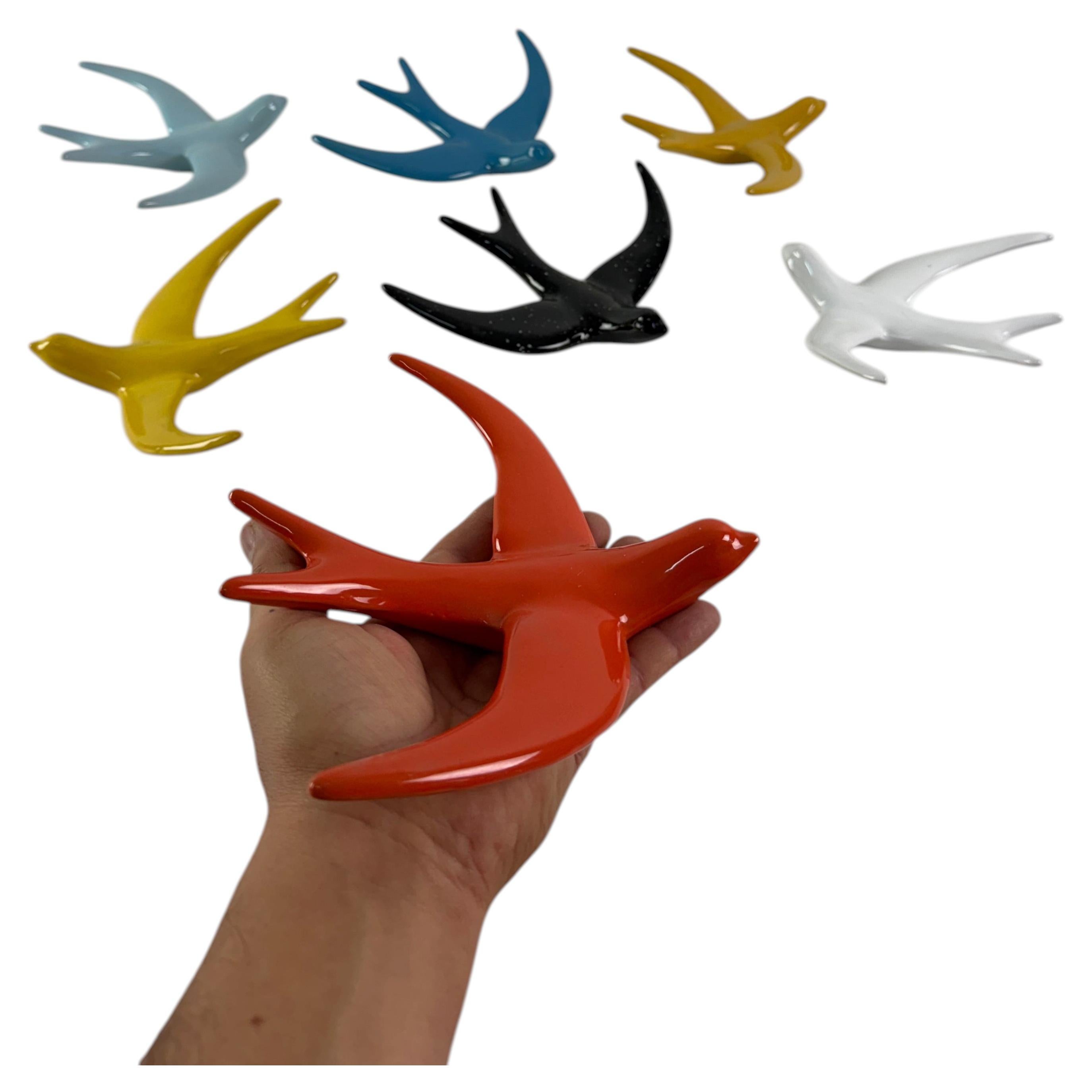 Set of 7 Mid-century Glazed Terracotta Swallows In Flight, 1960s For Sale