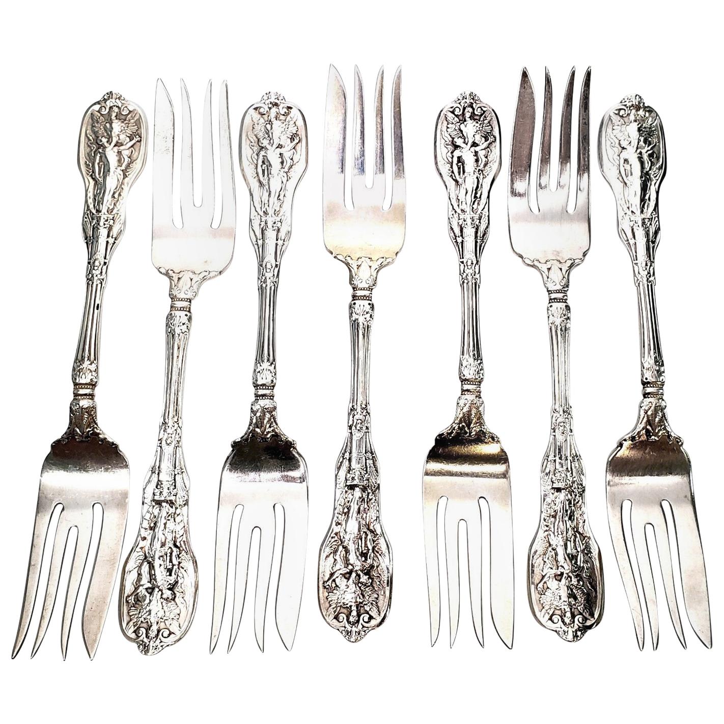 Set of 7 Gorham Mythologique Sterling Silver Large Fish or Salad Forks Monograms