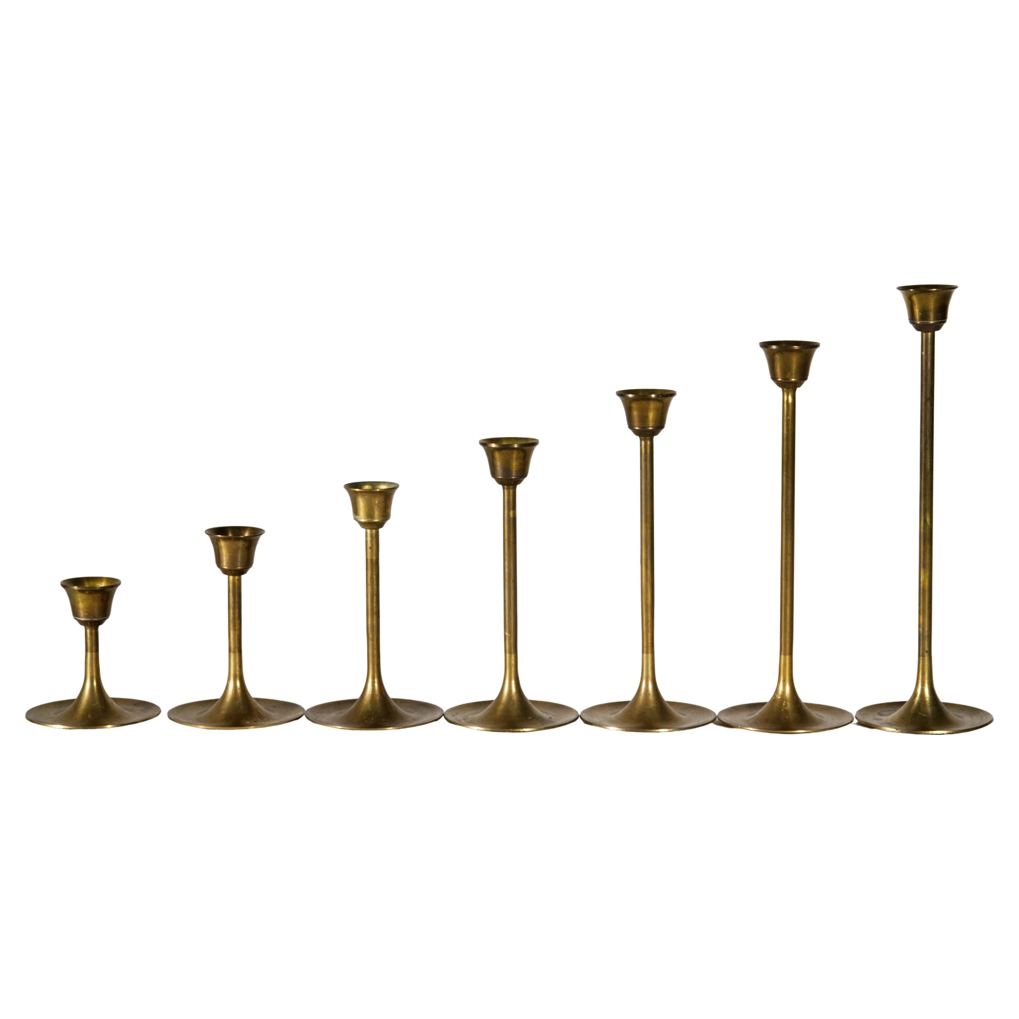 Set of 7 Graduated Scandinavian Modern Brass Candle Holders