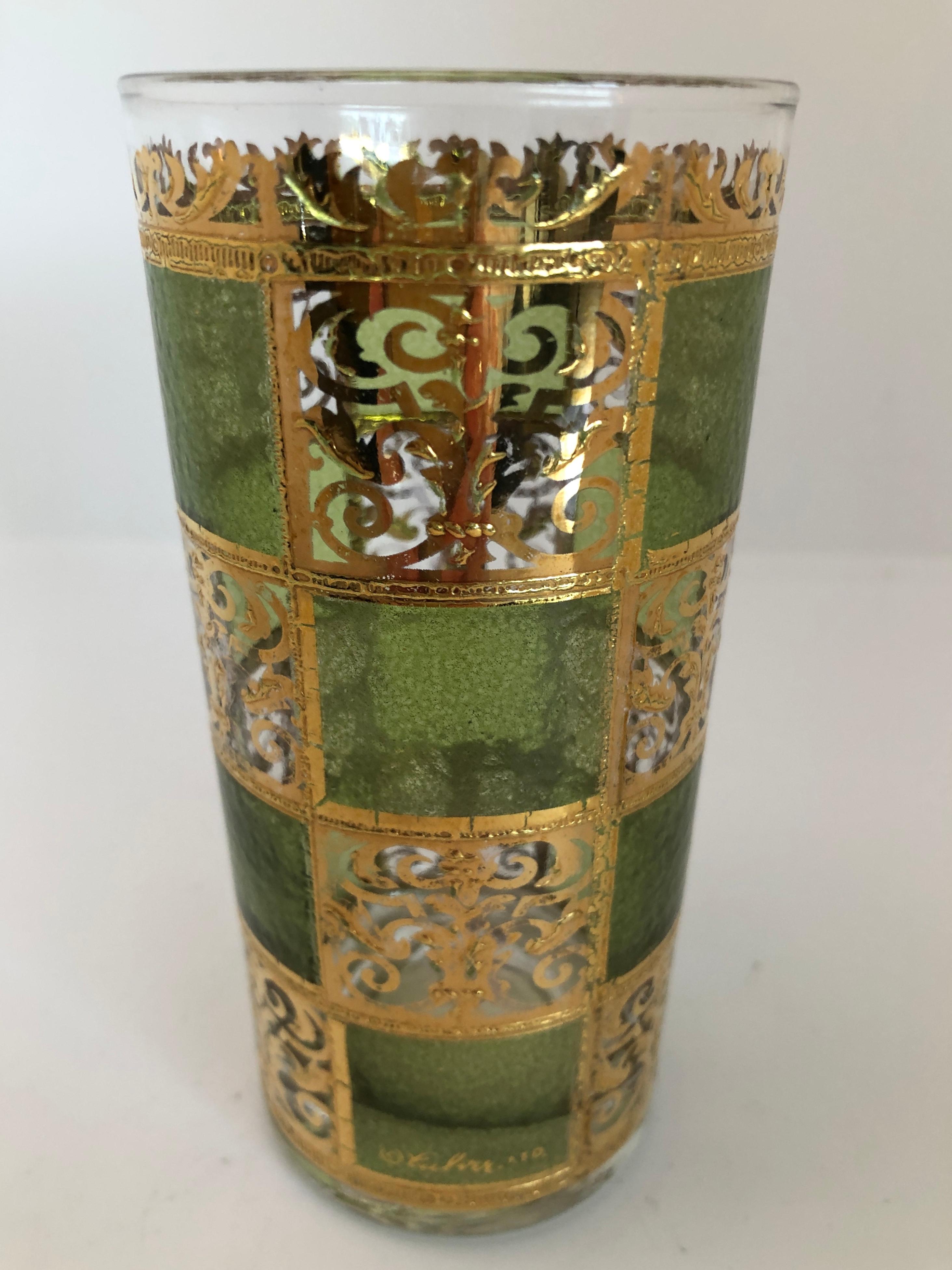 American S/7 Culver Green Blue Gold Gilt Filagree w/ Moroccan Style Tall Cocktail Glasses For Sale