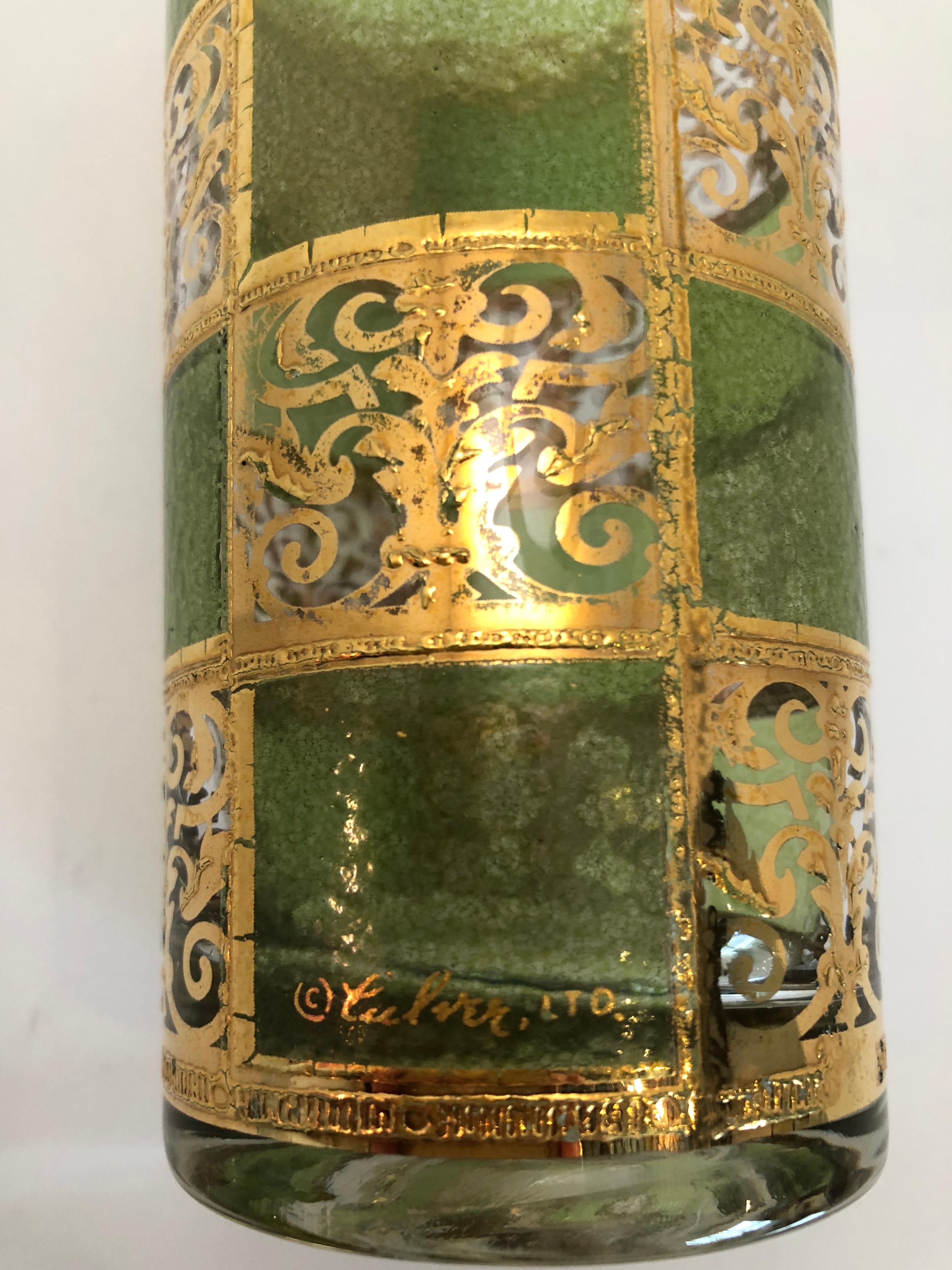 S/7 Culver Green Blue Gold Gilt Filagree w/ Moroccan Style Tall Cocktail Glasses In Good Condition For Sale In Houston, TX