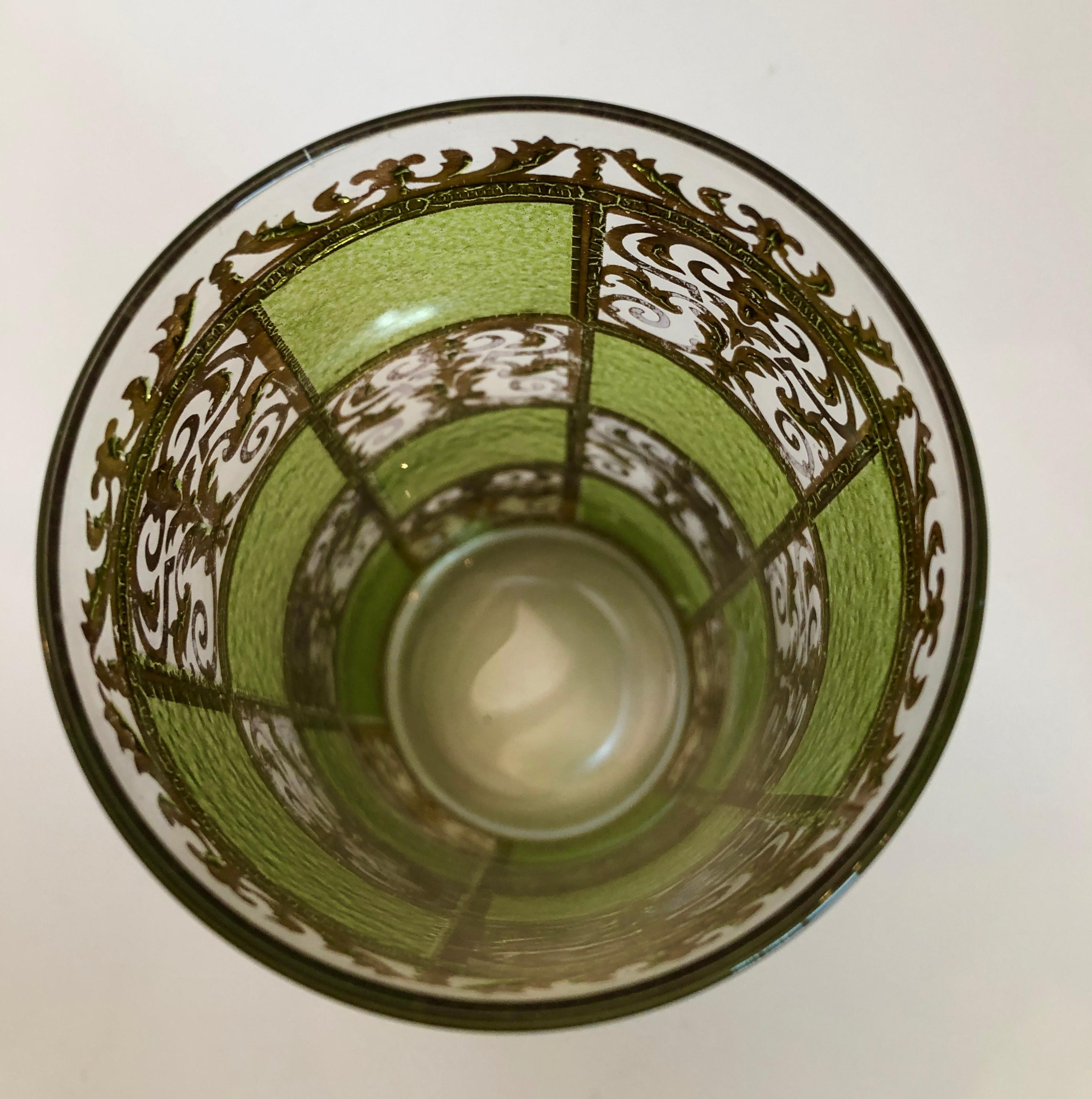 20th Century S/7 Culver Green Blue Gold Gilt Filagree w/ Moroccan Style Tall Cocktail Glasses For Sale