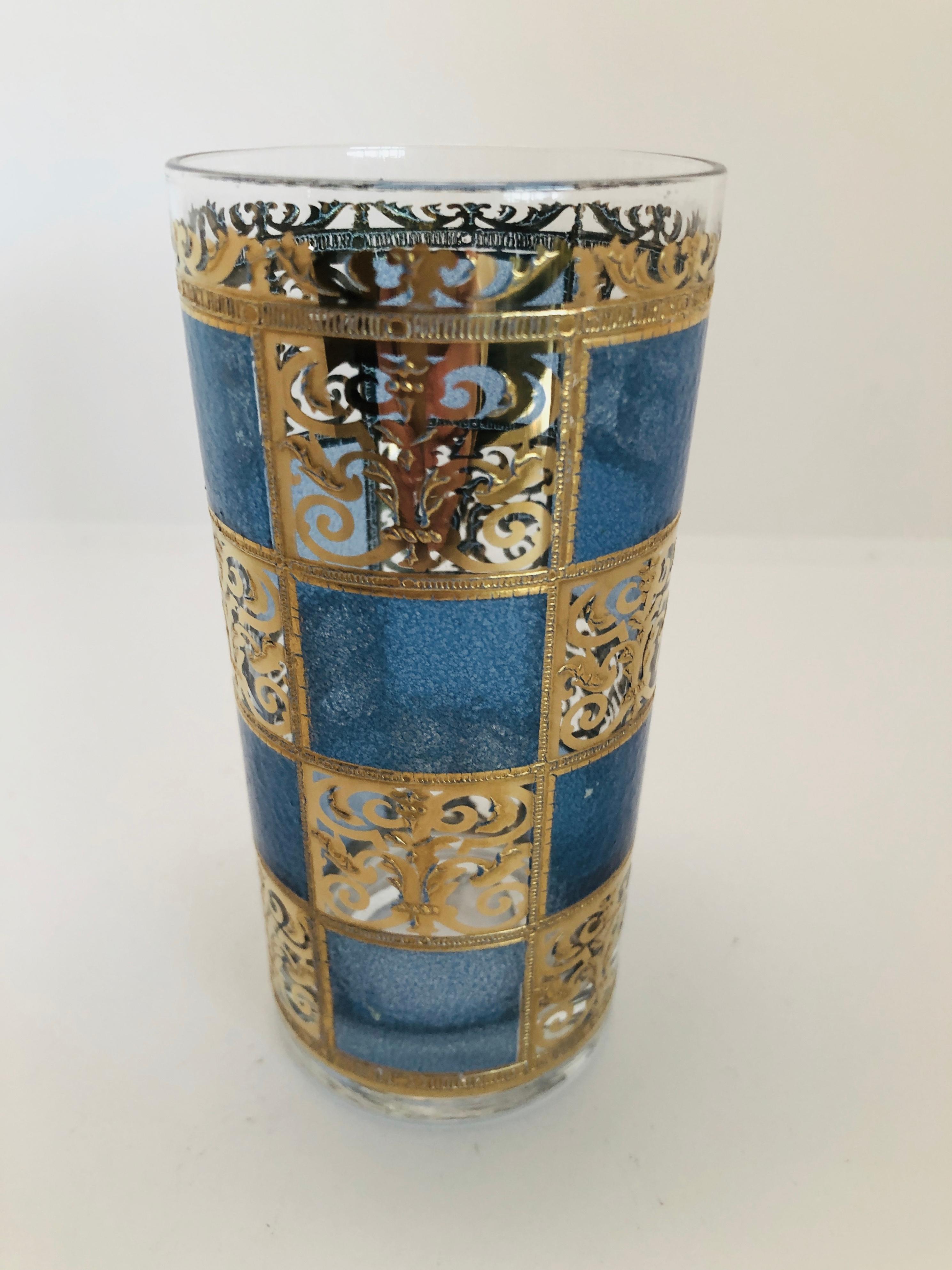 S/7 Culver Green Blue Gold Gilt Filagree w/ Moroccan Style Tall Cocktail Glasses For Sale 1