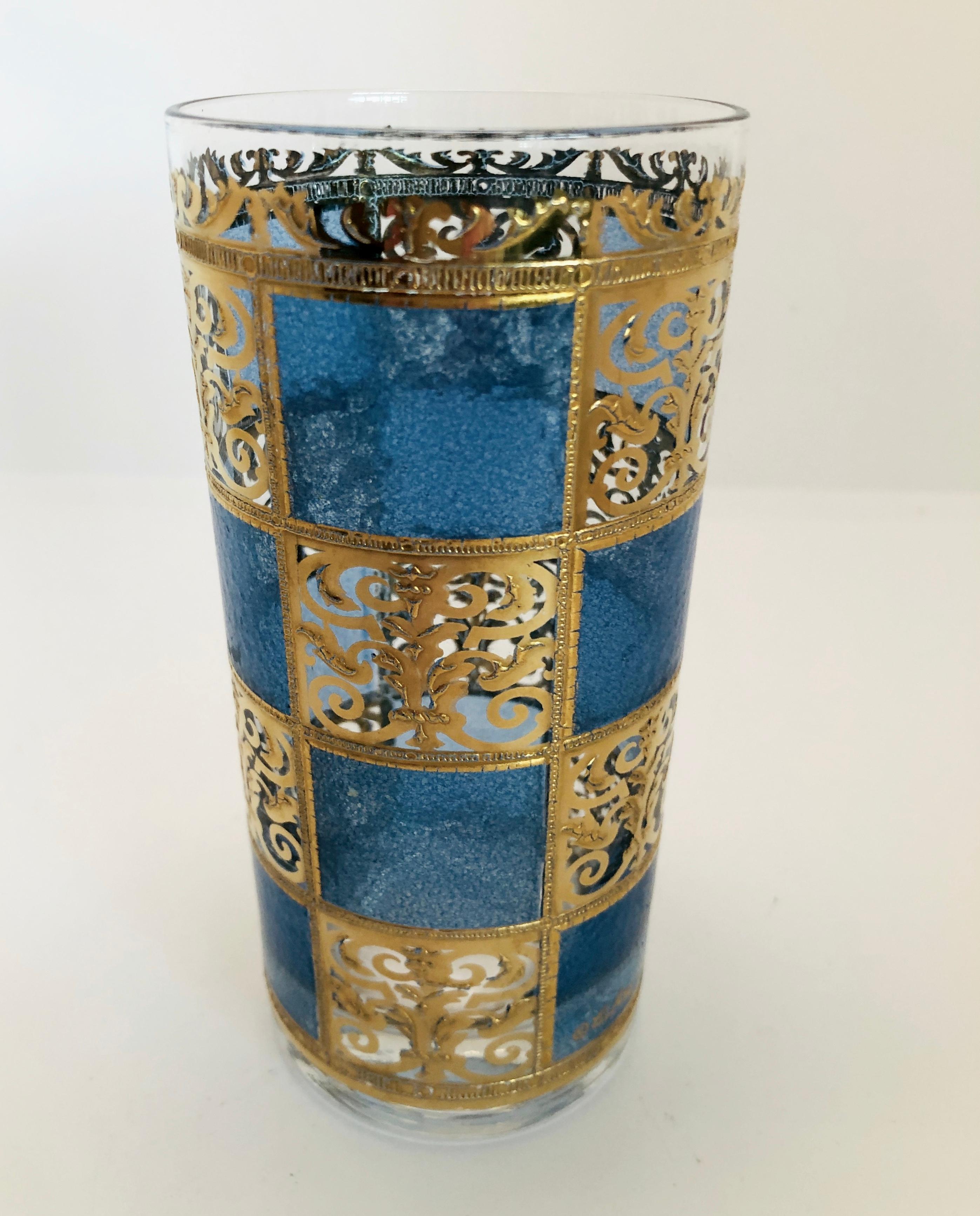 S/7 Culver Green Blue Gold Gilt Filagree w/ Moroccan Style Tall Cocktail Glasses For Sale 2