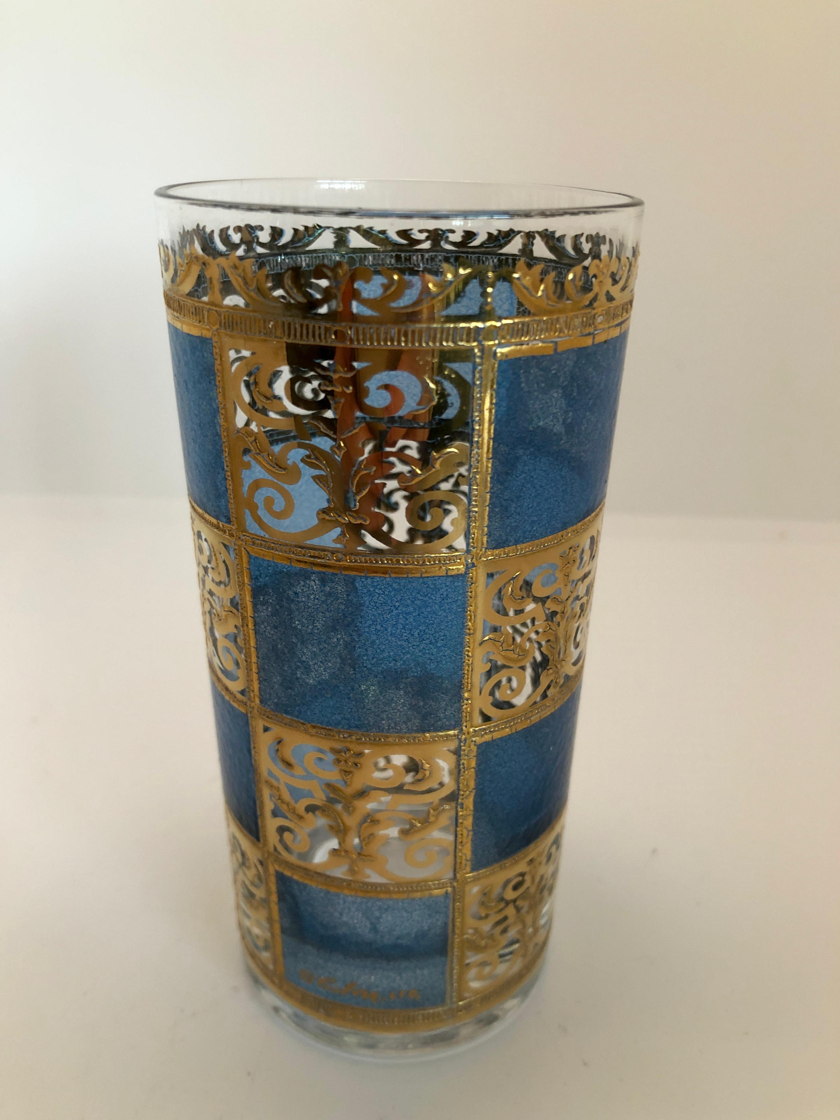 S/7 Culver Green Blue Gold Gilt Filagree w/ Moroccan Style Tall Cocktail Glasses For Sale 3