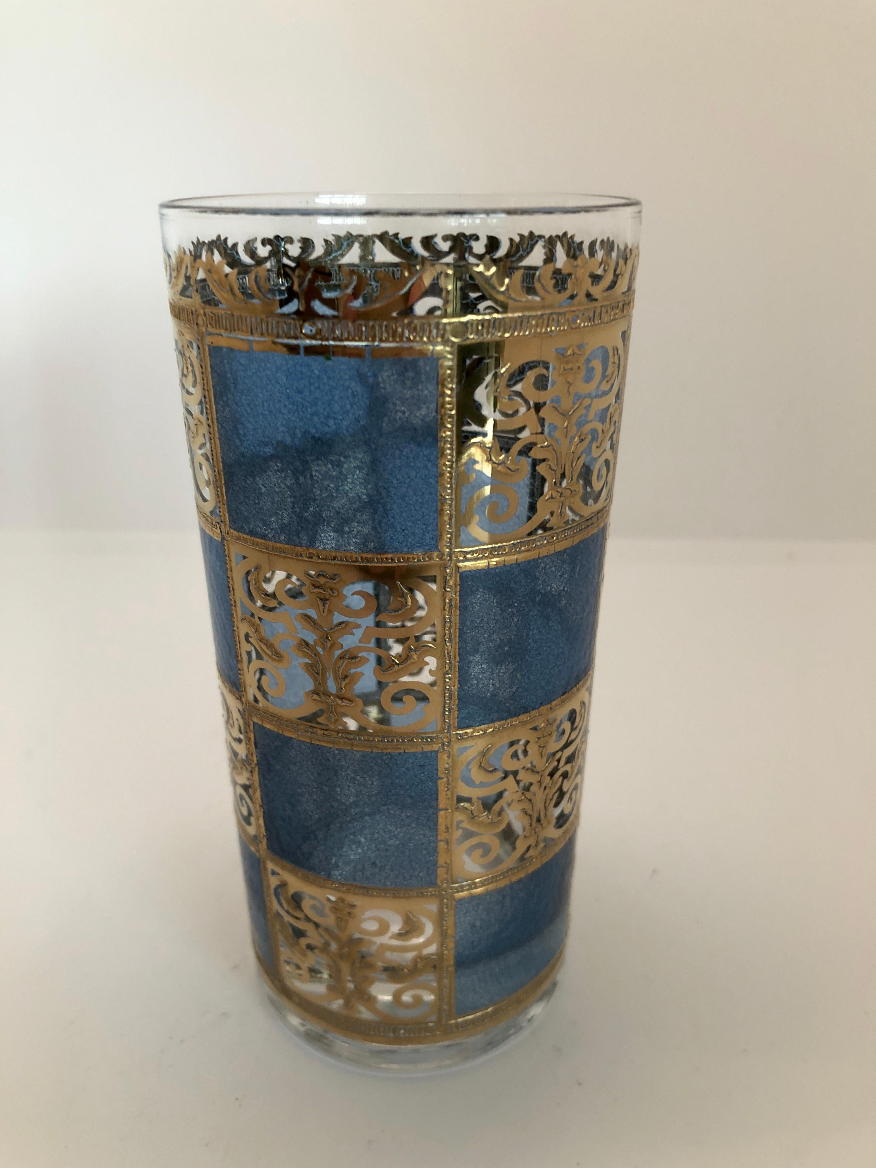 S/7 Culver Green Blue Gold Gilt Filagree w/ Moroccan Style Tall Cocktail Glasses For Sale 4
