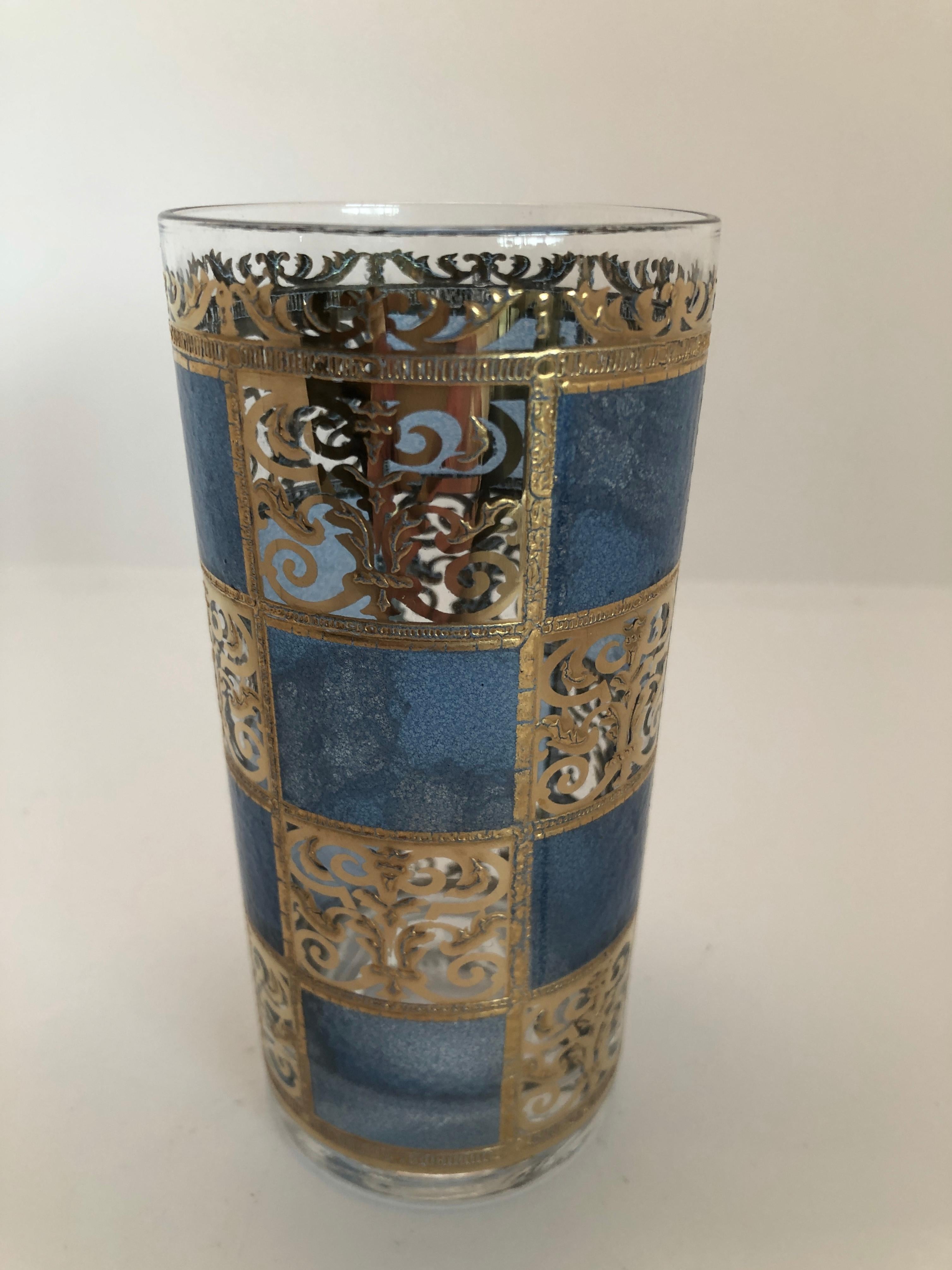 S/7 Culver Green Blue Gold Gilt Filagree w/ Moroccan Style Tall Cocktail Glasses For Sale 5