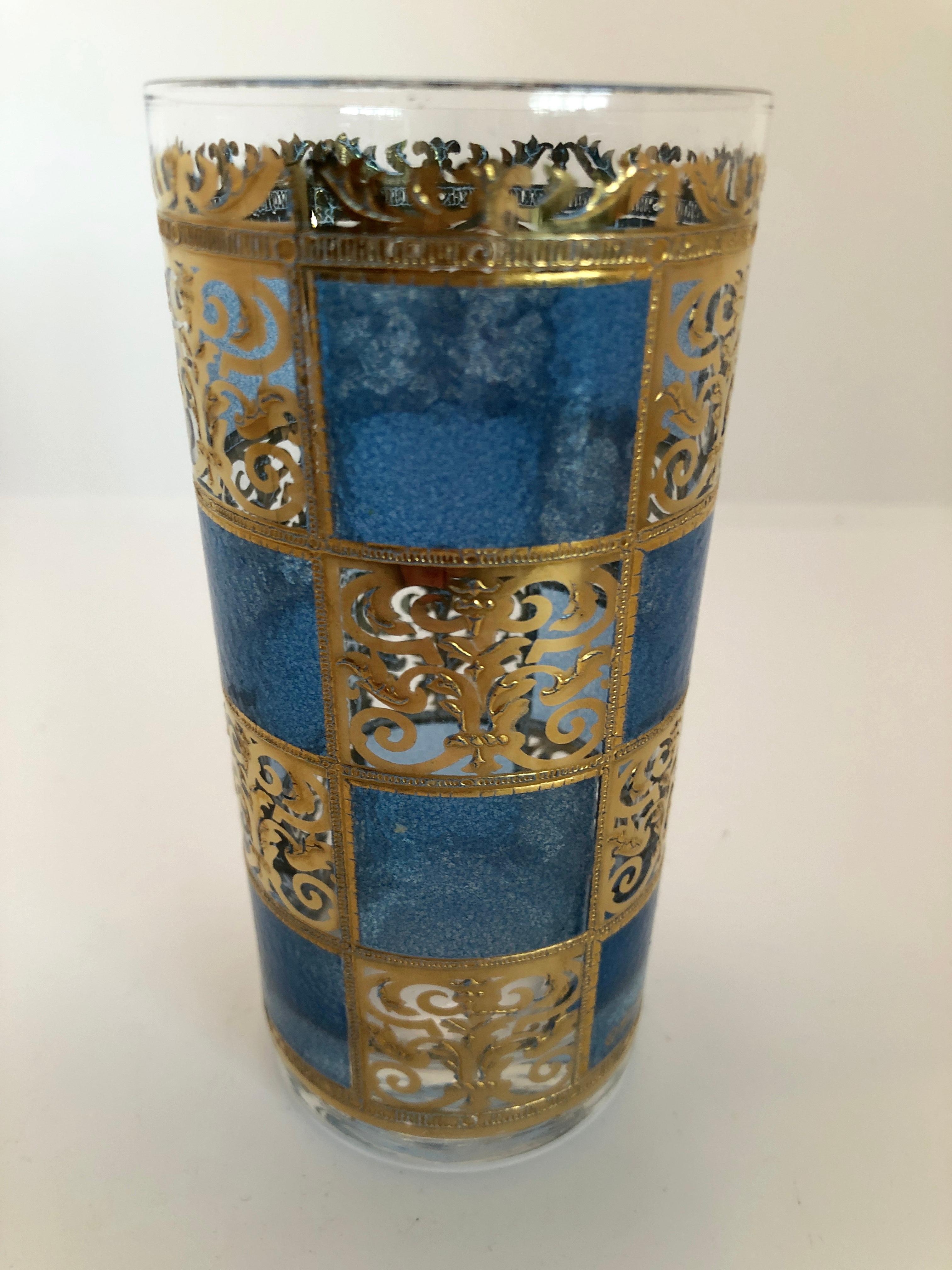 S/7 Culver Green Blue Gold Gilt Filagree w/ Moroccan Style Tall Cocktail Glasses For Sale 6