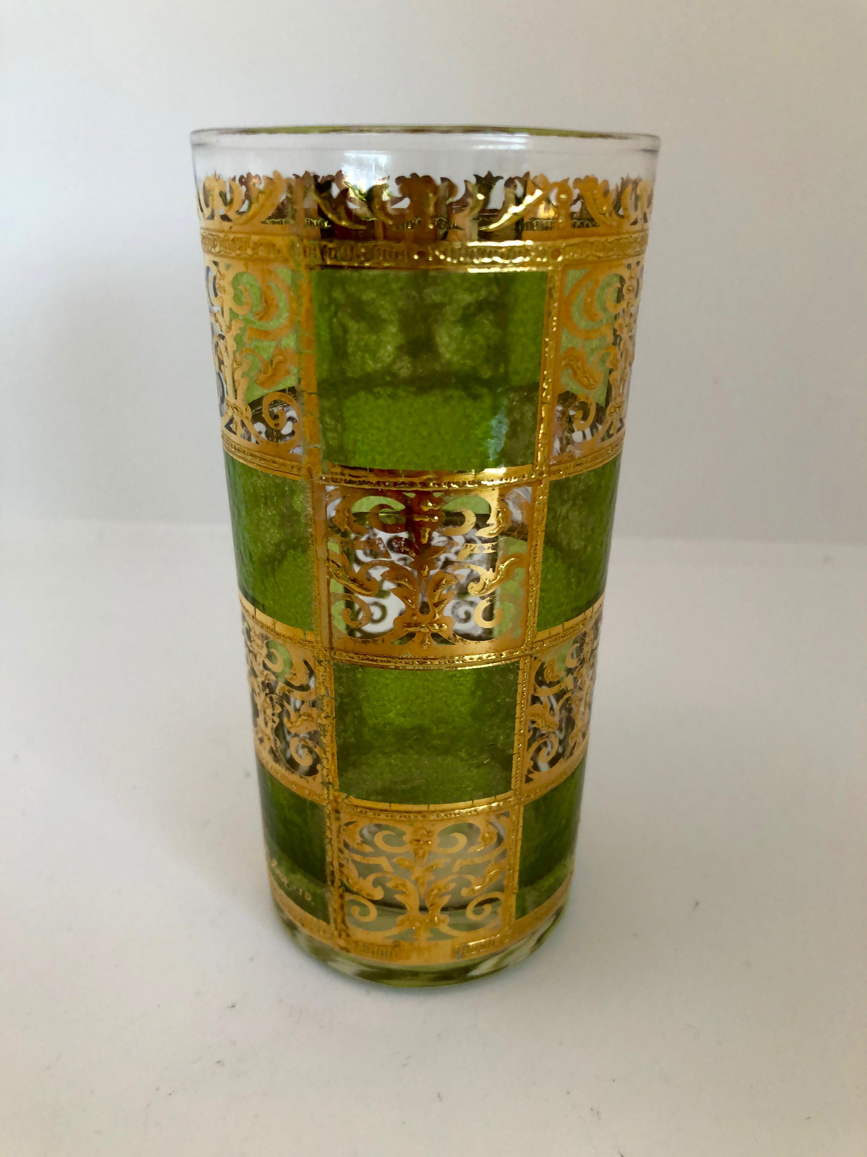 Offered is a Mid-Century Modern signed culver set of seven pressed glass cocktail glasses in chartreuse green (4) with gilt filagree accents and deep sky blue (3) with gilt filagree accents. Very Hollywood Glam with a Moroccan flair. Sort of takes