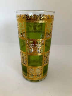 S/7 Culver Green Blue Gold Gilt Filagree w/ Moroccan Style Tall Cocktail Glasses
