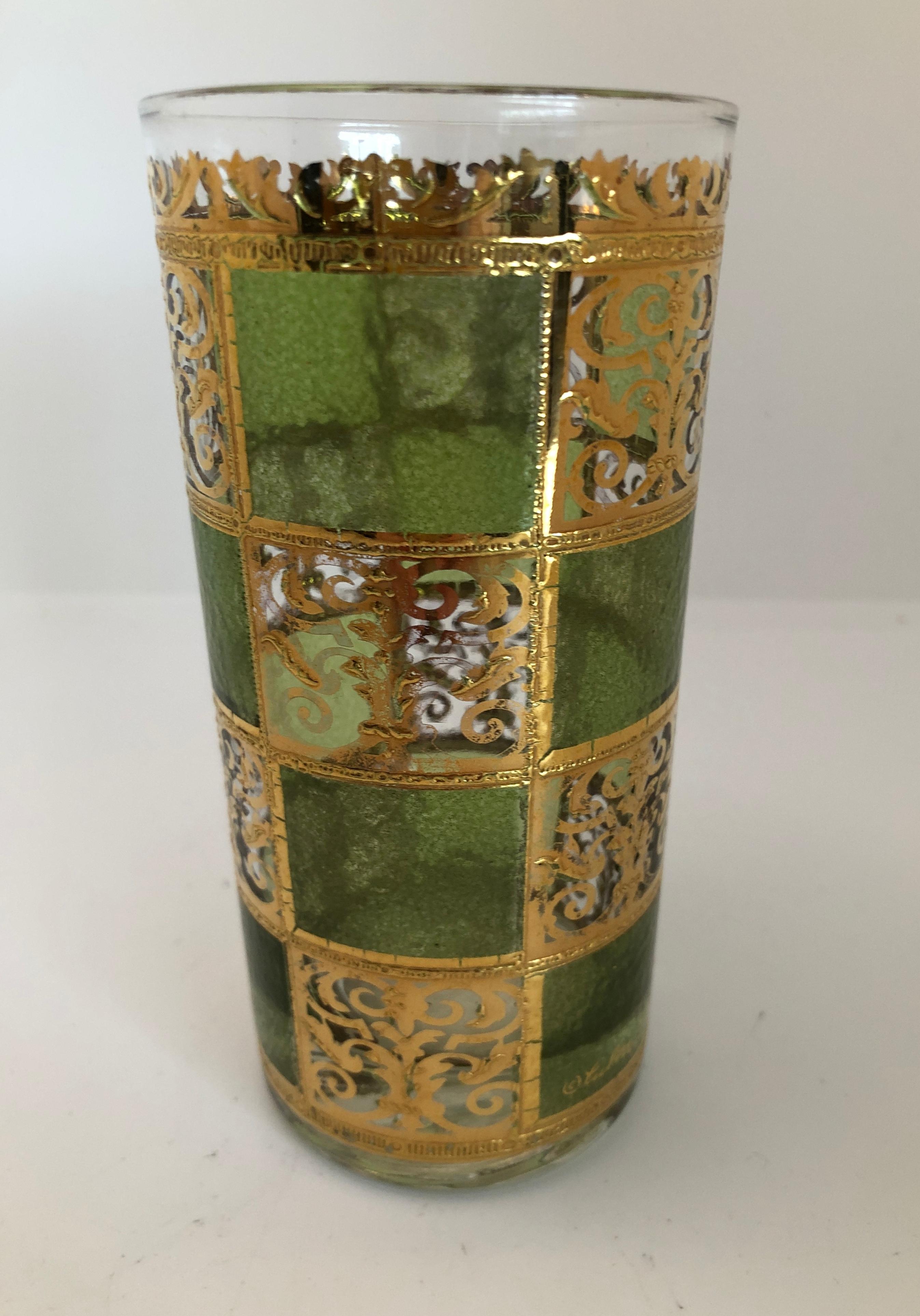 Mid-Century Modern S/7 Culver Green Blue Gold Gilt Filagree w/ Moroccan Style Tall Cocktail Glasses For Sale