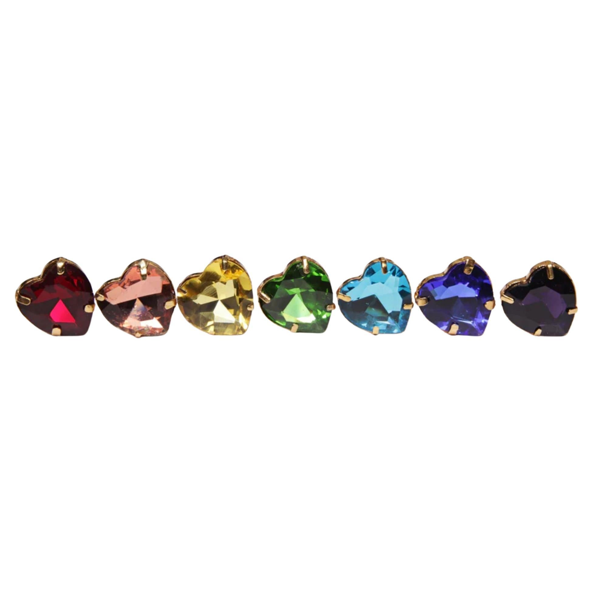 Set of 7 Heart Ring in Rainbow Color Diamonds