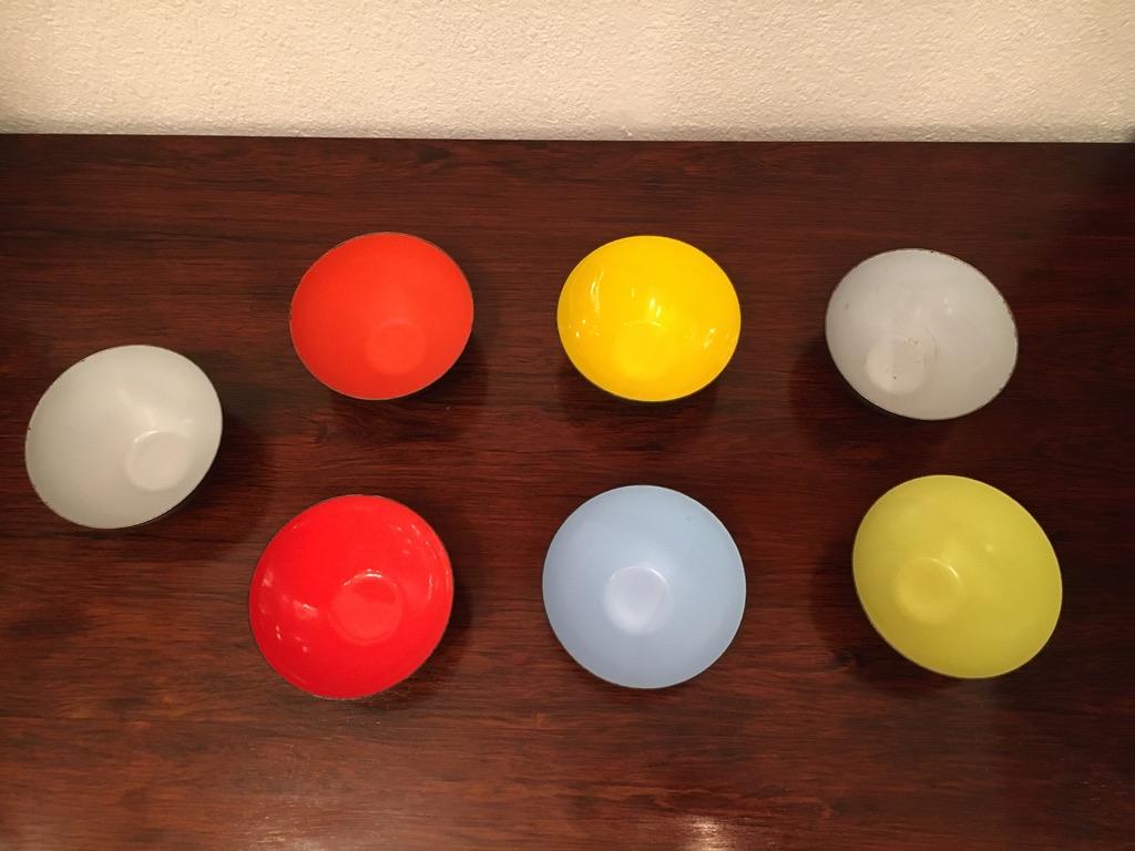 Scandinavian Modern Set of 7 Herbert Krenchel Vintage Colored Enamel Bowls 