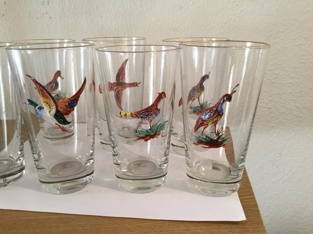 Hollywood Regency Set of 7 Highball Bar Glasses with Enameled Birds