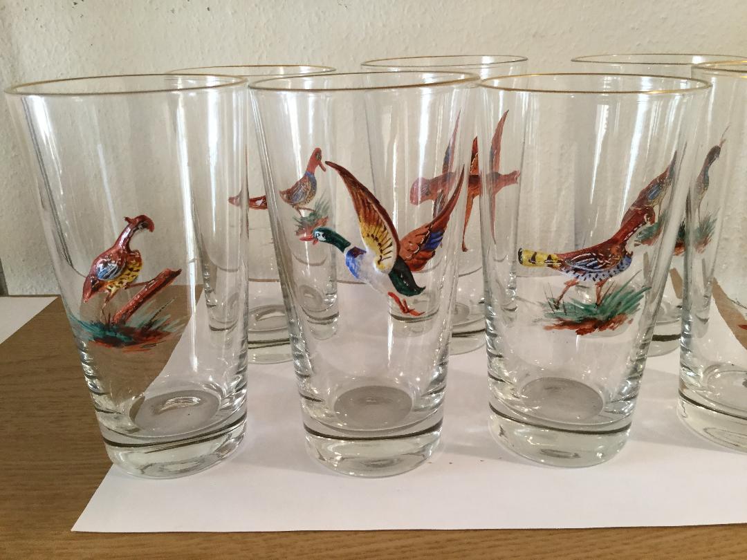 European Set of 7 Highball Bar Glasses with Enameled Birds
