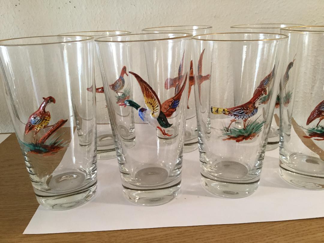 Set of 7 Highball Bar Glasses with Enameled Birds In Good Condition In Houston, TX