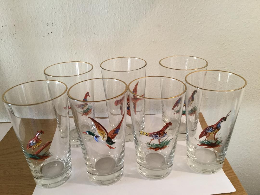 Early 20th Century Set of 7 Highball Bar Glasses with Enameled Birds