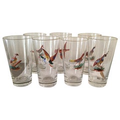 Set of 7 Highball Bar Glasses with Enameled Birds