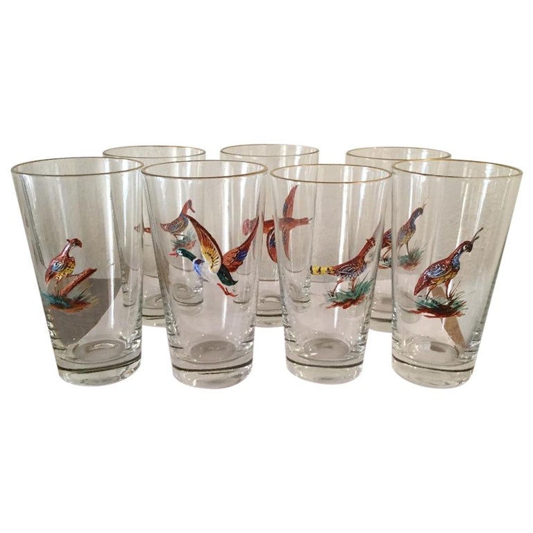 Set of 7 Highball Bar Glasses with Enameled Birds at 1stDibs