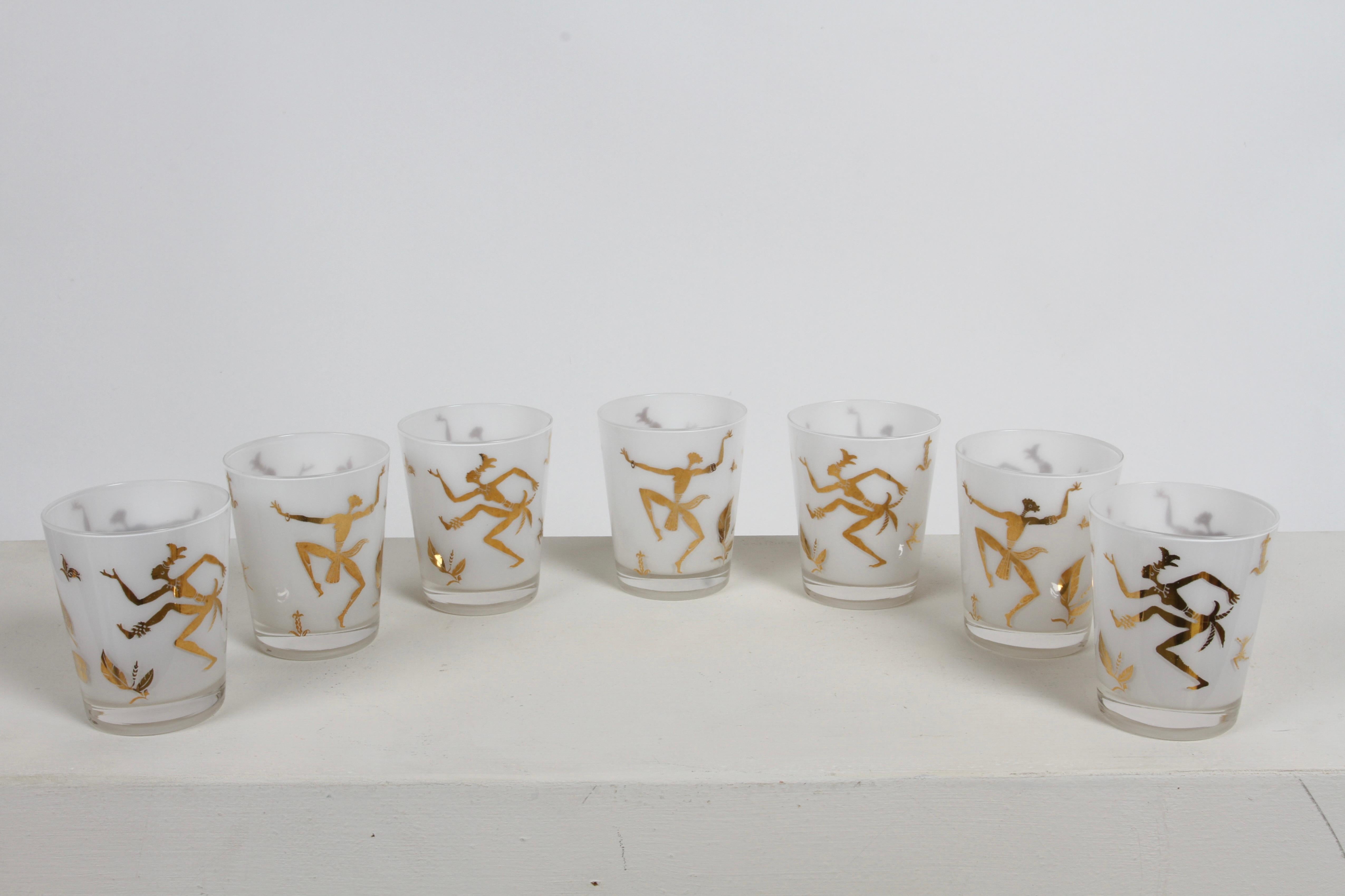 Vintage set of 7 Josephine Baker Jazz Age 22-karat gold exotic nude African Tribal dancers on white rocks glasses by Federal Glass Co. This set seems to be have used very little. These can only be washed by hand in cool water. DO NOT USE HOT OR WARM