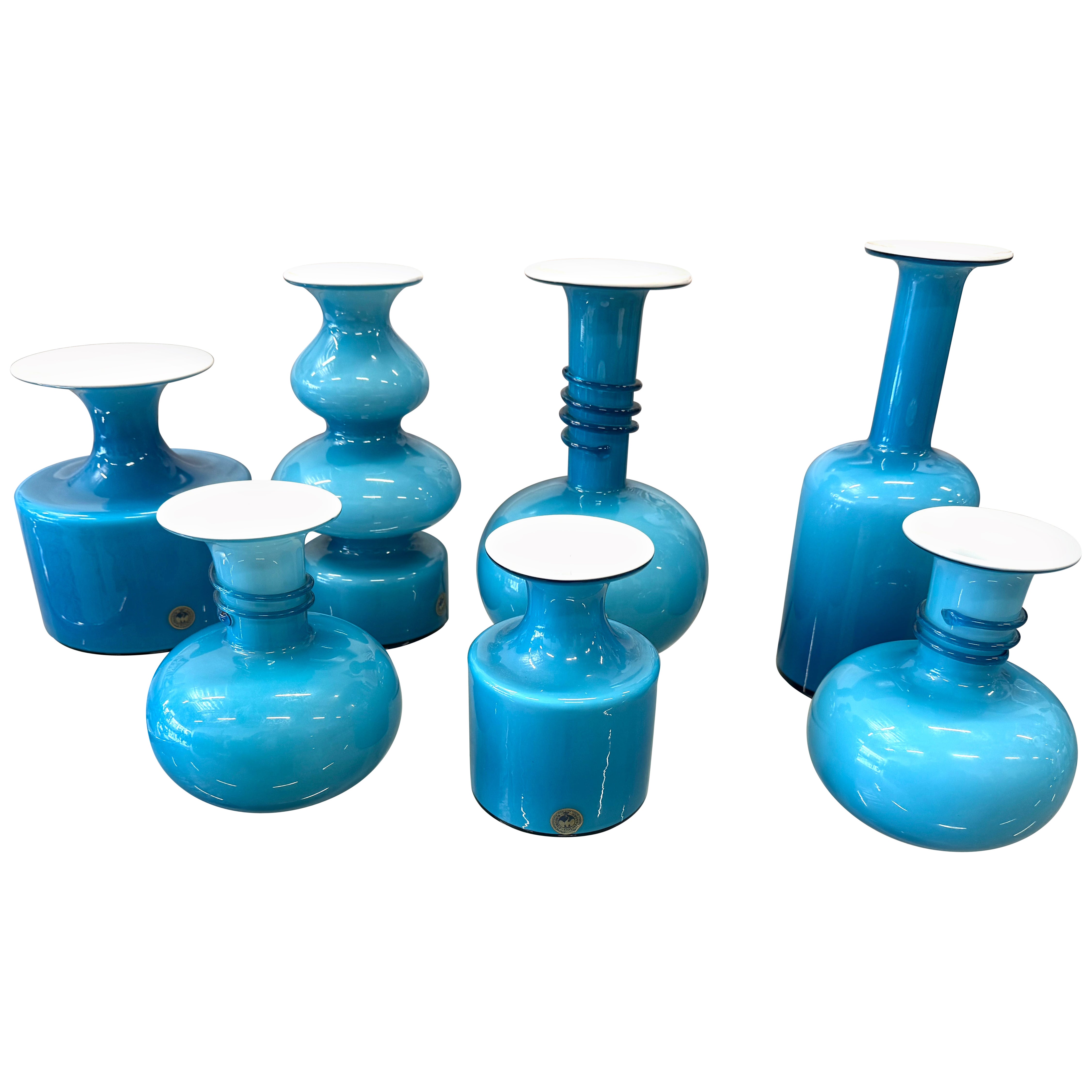 Set of 7 Kastrup Holmegaard White Cased Blue Vases For Sale