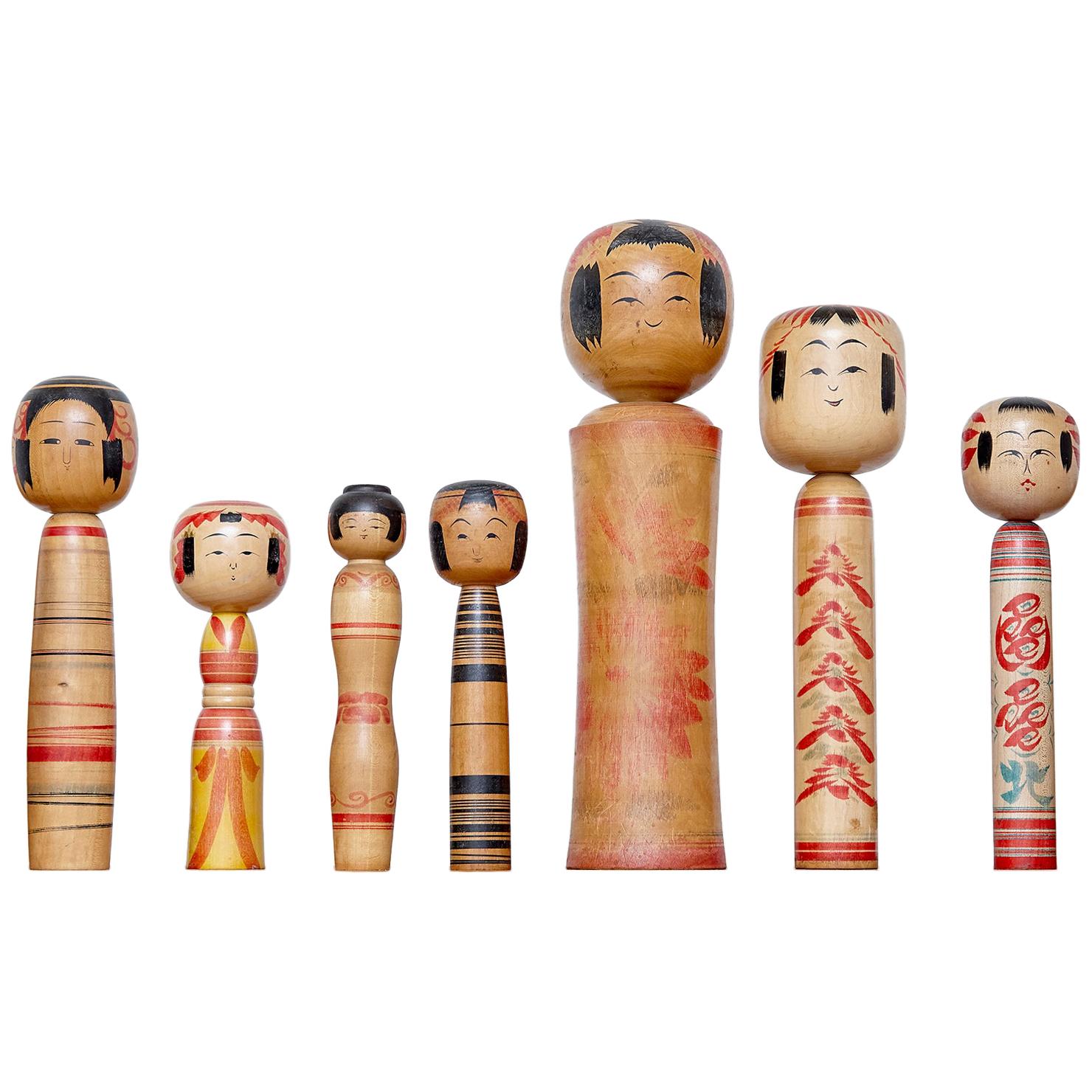 Set of 7 Kokeshi Japanese Wood Hand Painted Doll