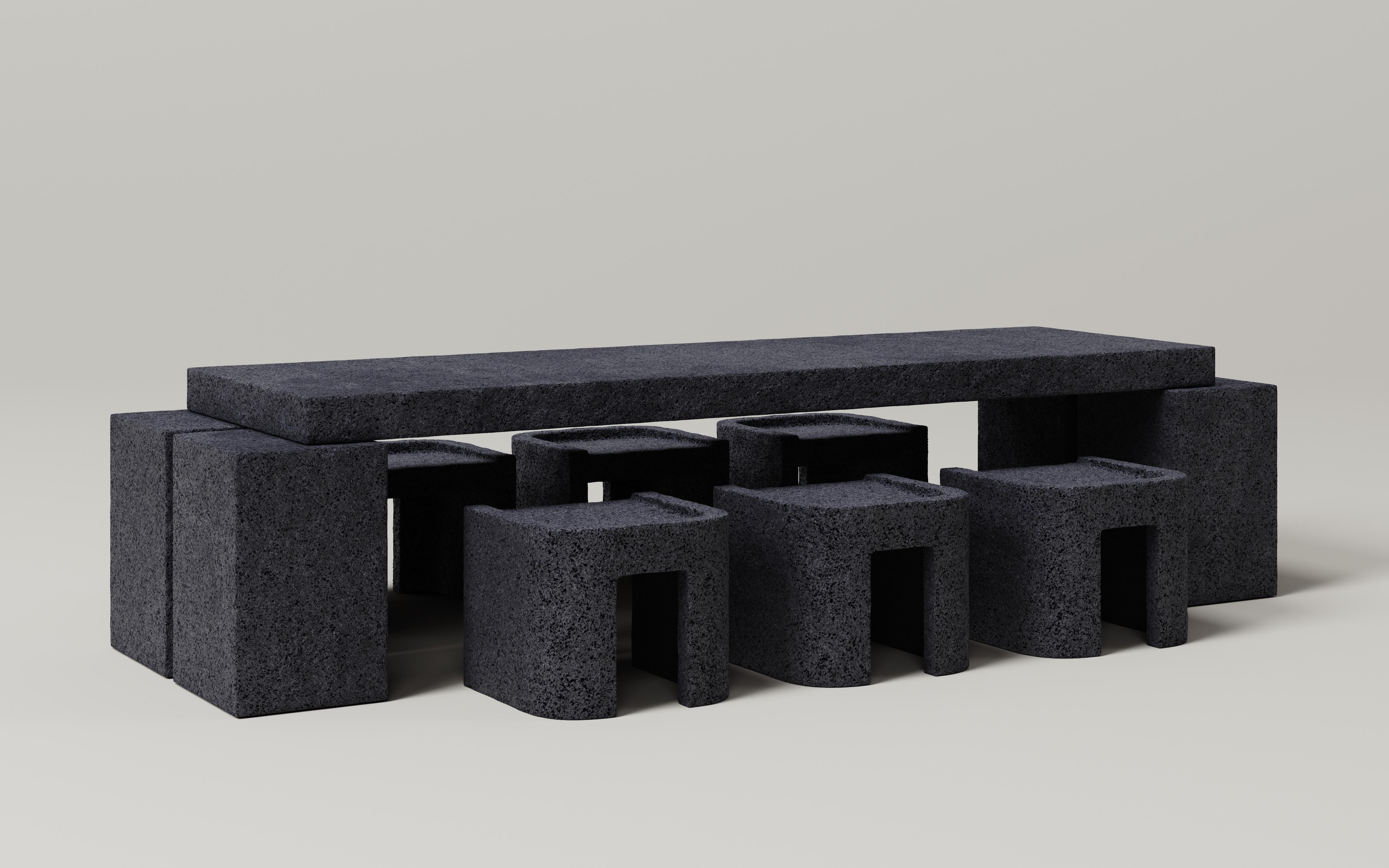 Set Of 7 Lava Rock Dining Table And Dining Stools by Monolith Studio
Signed and Numbered.
Dimensions: M_010 Dining Table: D 100 x W 310 x H 76 cm.
M_011 Dining Stool: D 40 x W 56 x H 46 cm. 
Materials: Lava rock.

Available in travertine, lava rock