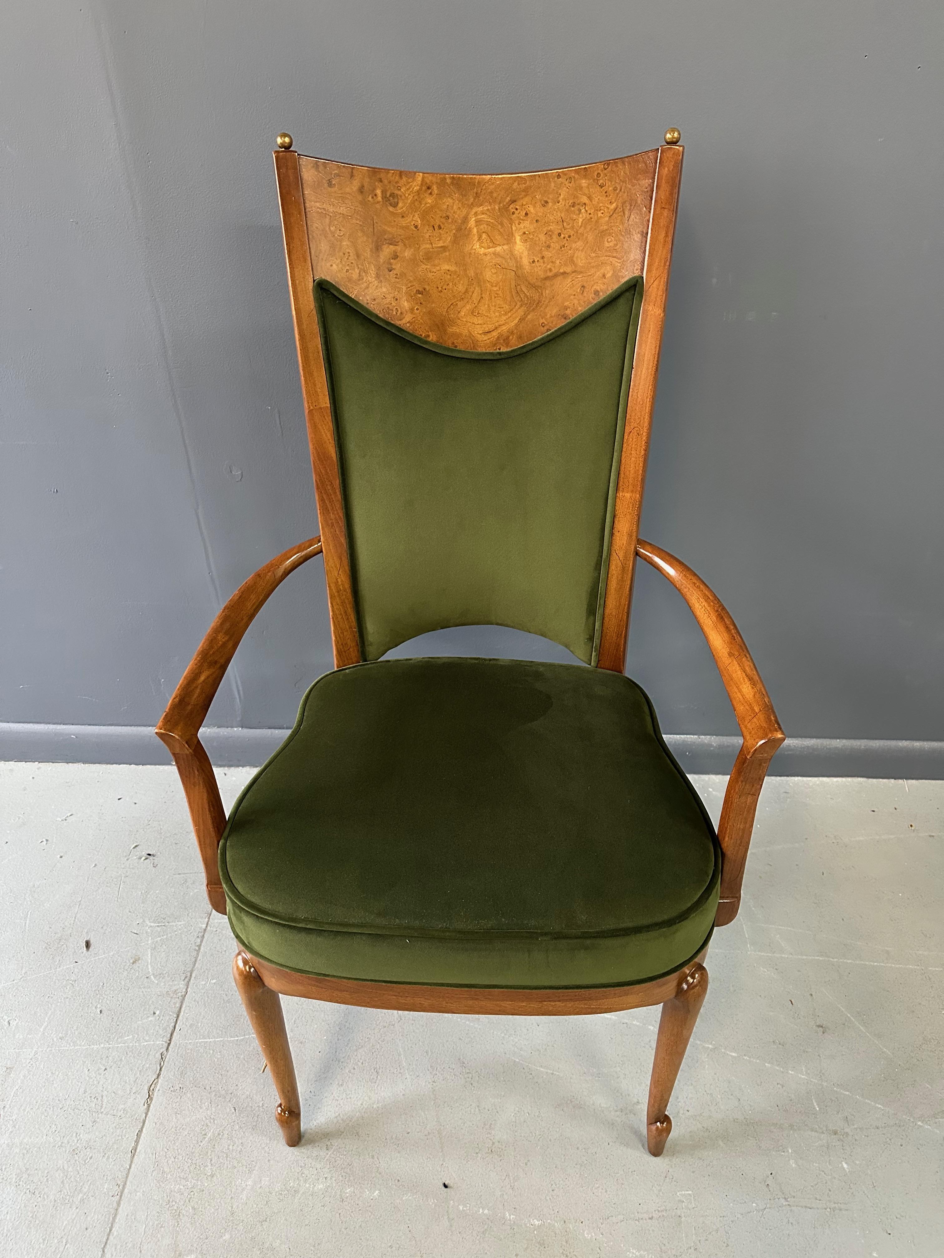 North American Set of 7 Mastercraft Attributed Burl and Velvet Dining Chairs Hollywood Regency