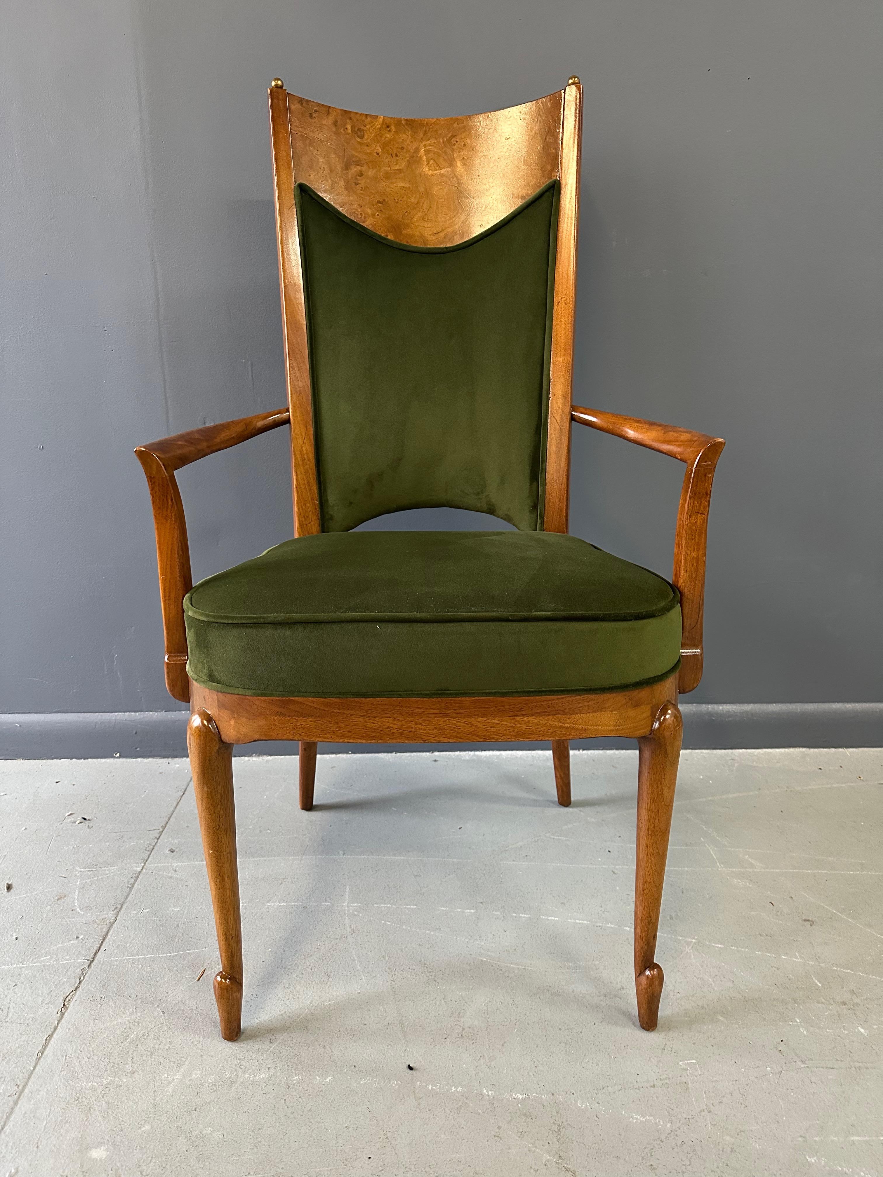 Set of 7 Mastercraft Attributed Burl and Velvet Dining Chairs Hollywood Regency In Good Condition In Philadelphia, PA
