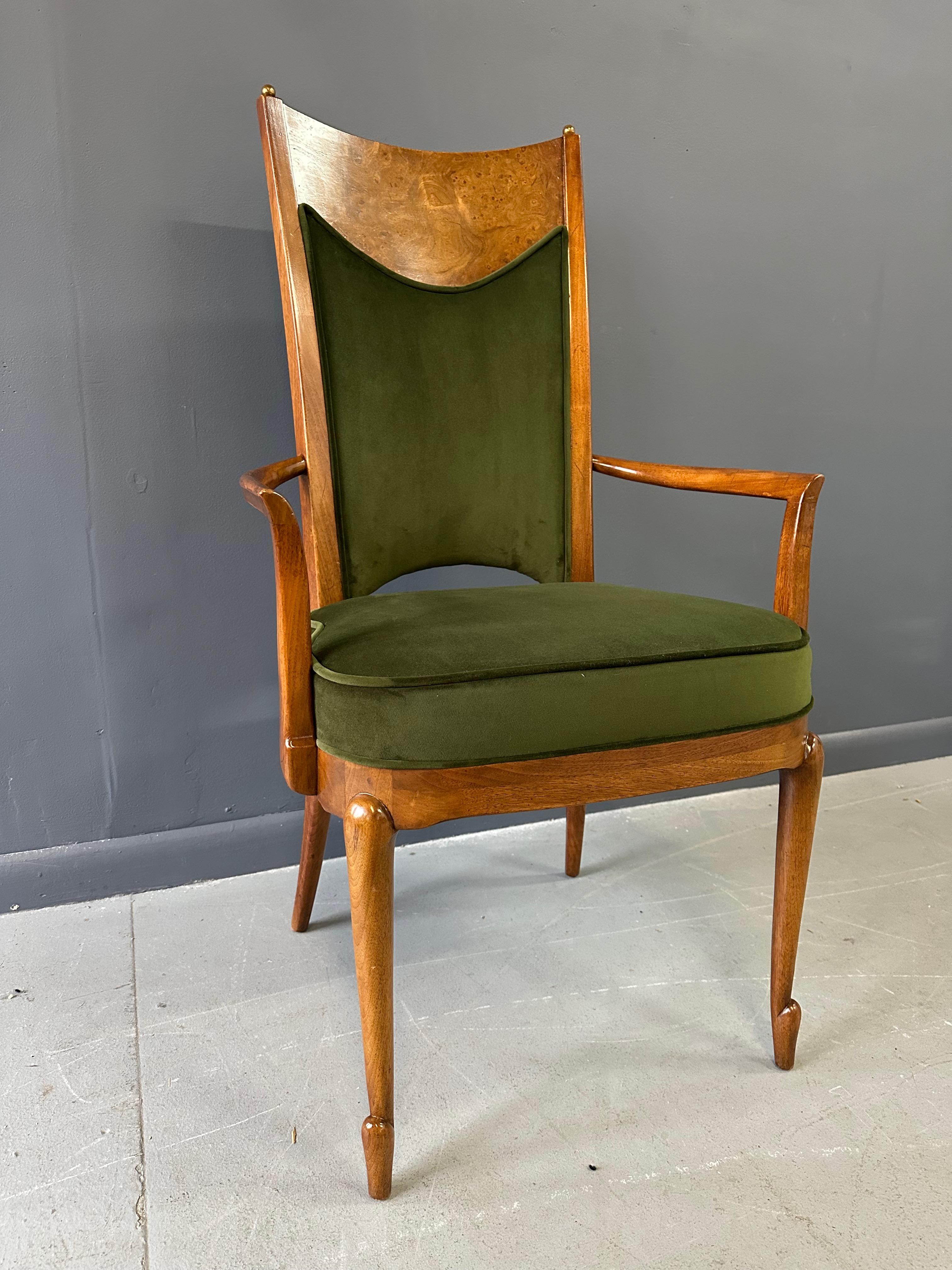 20th Century Set of 7 Mastercraft Attributed Burl and Velvet Dining Chairs Hollywood Regency