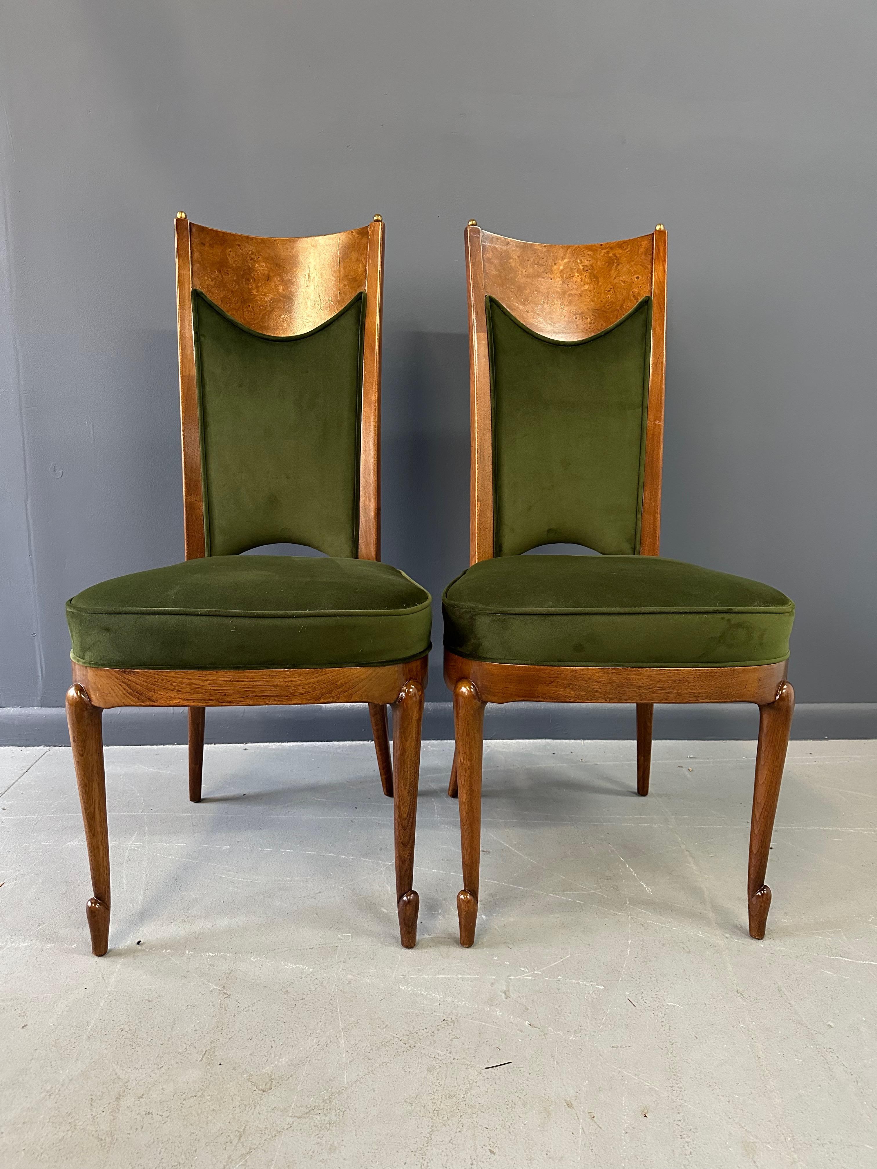 Wood Set of 7 Mastercraft Attributed Burl and Velvet Dining Chairs Hollywood Regency