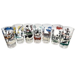 Set of 7 MCM Barware Highball "Cities Of The World" Drinking Glasses