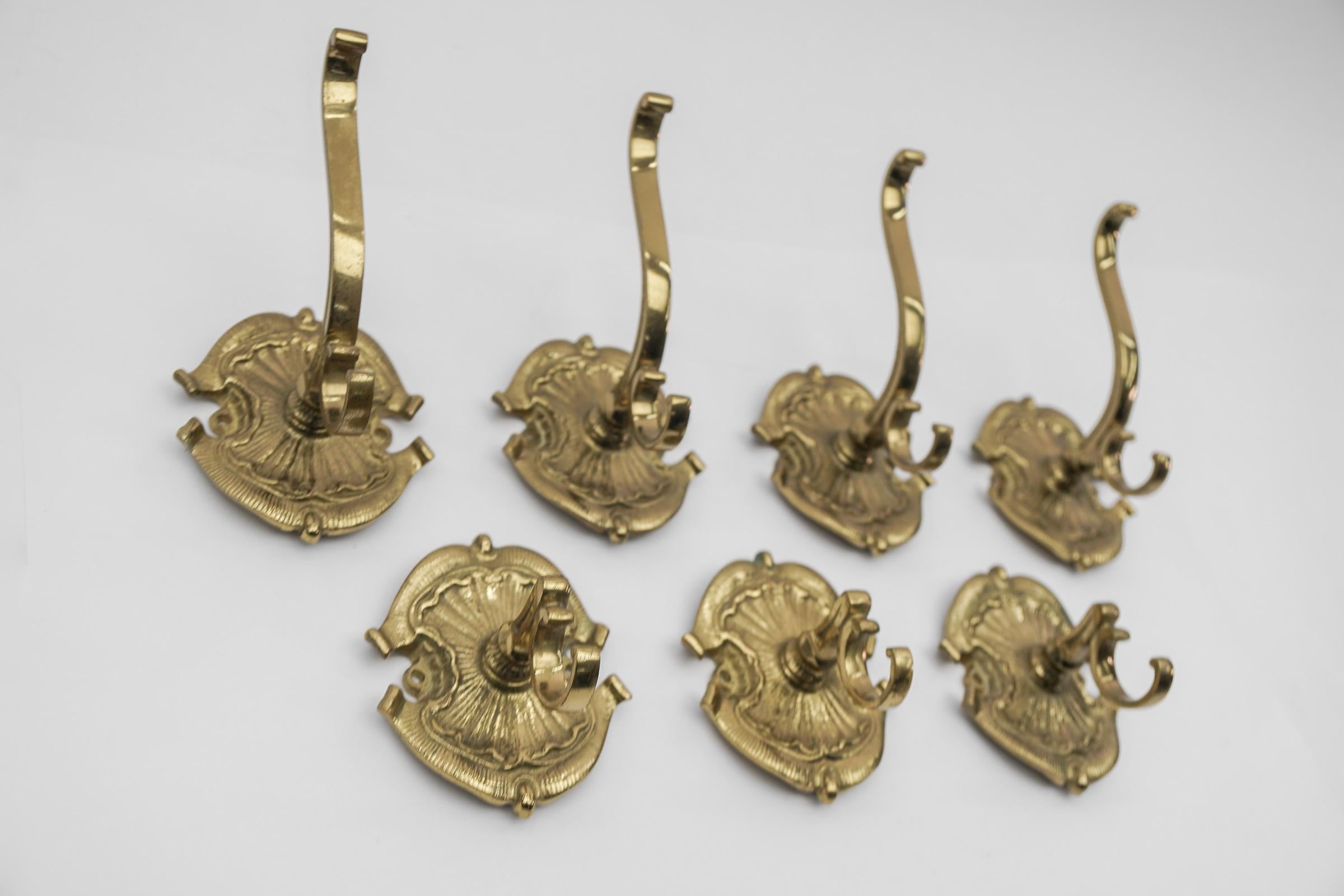 Austrian Set of 7 Mid-Century Massive Brass Wall Hooks, Austria, 1960s