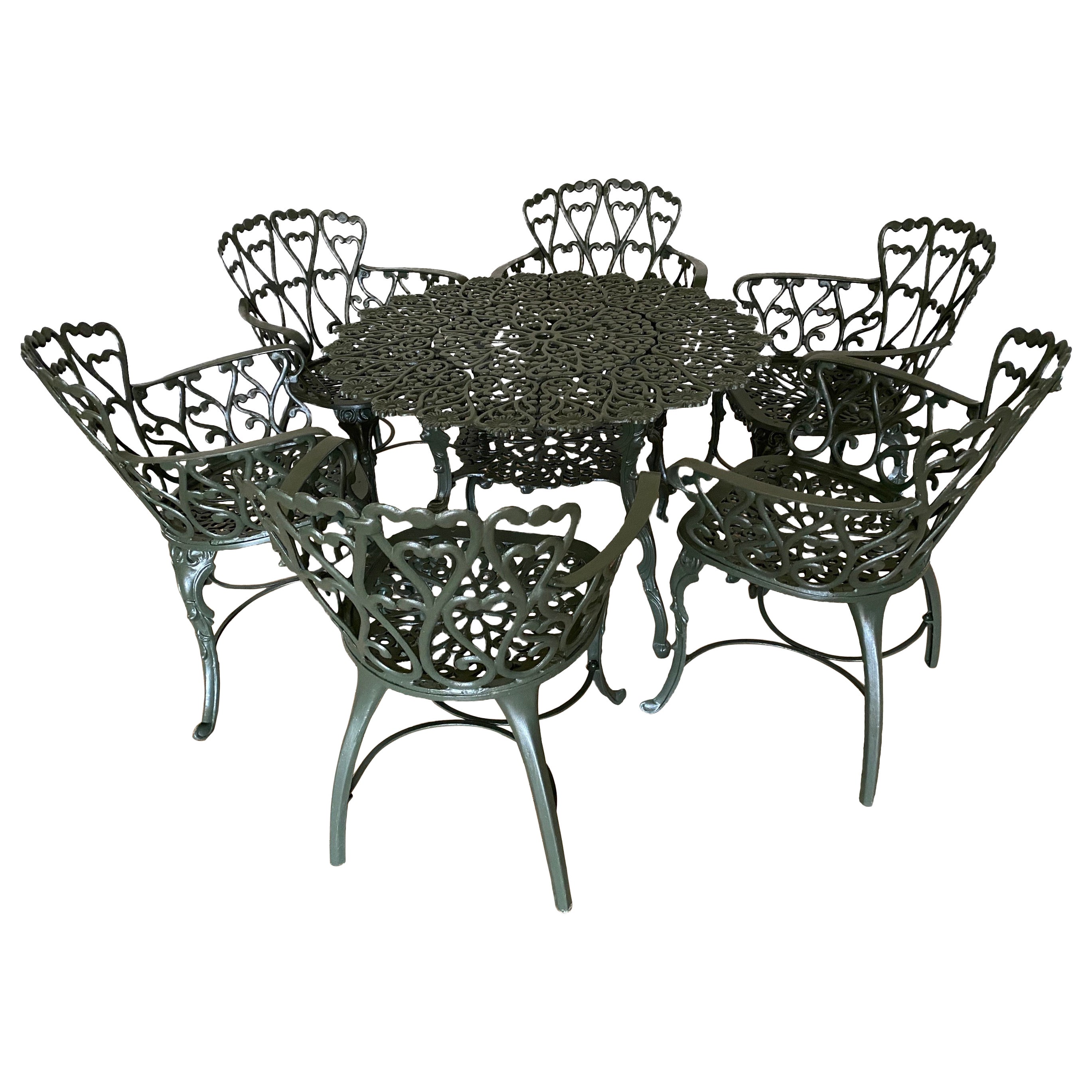Set di 7 sedie da pranzo da giardino in metallo fuso, moderne e di metà secolo