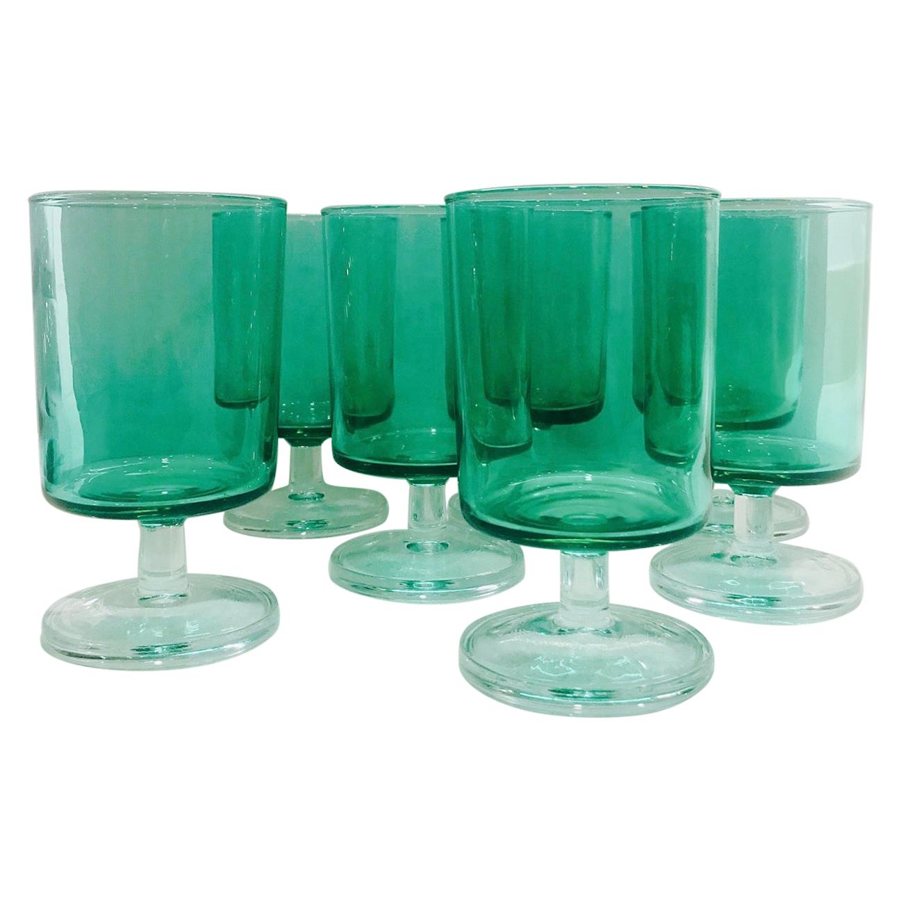 Set of 7 Mid-Century Modern French Crystal Wine Glasses in Emerald, 1960s